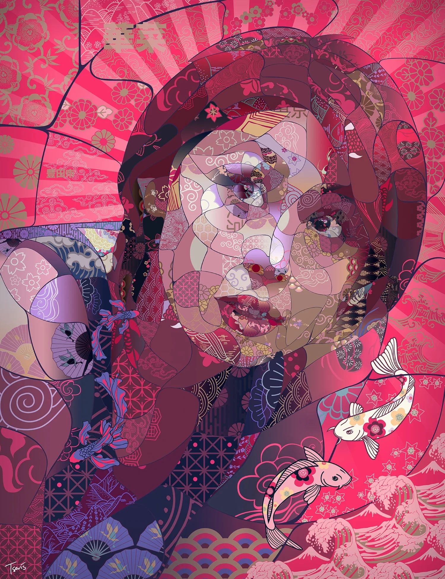 A Japanesque mosaic portrait of Japanese athlete Kana Ichikawa, 市川 華菜, sports illustration