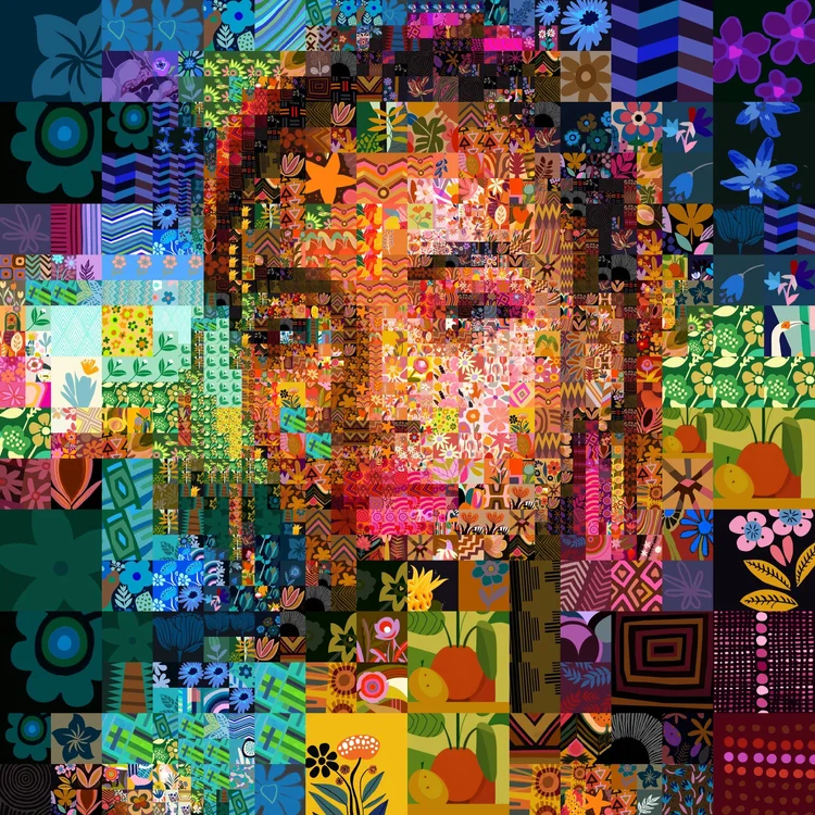 Mosaic portrait of a woman built from illustrated tiles by the Mozaix Bill Atkinson Dither matcher