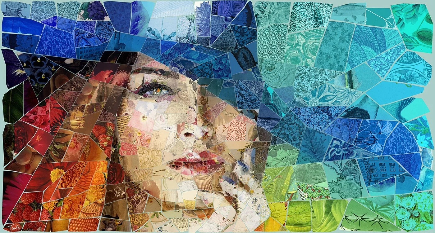 Aphrodite mosaic portrait in soft blue and gold fragments