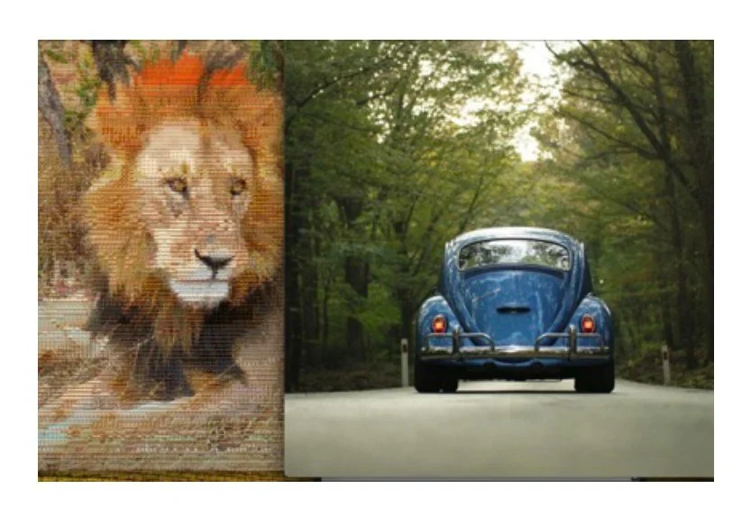 Lion mosaic beside an enlarged tile photograph of a blue car on a forest road