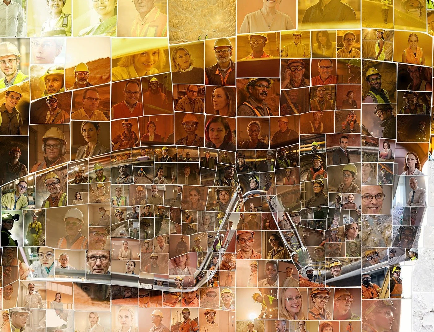 Close-up detail of a Lhoist photomosaic portrait showing the employee photos used as tiles