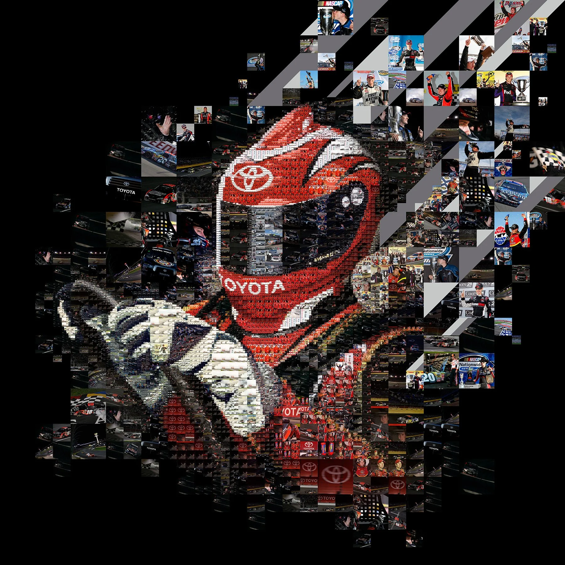 Toyota NASCAR mosaic – race car driver from photos and geometric fragments.
