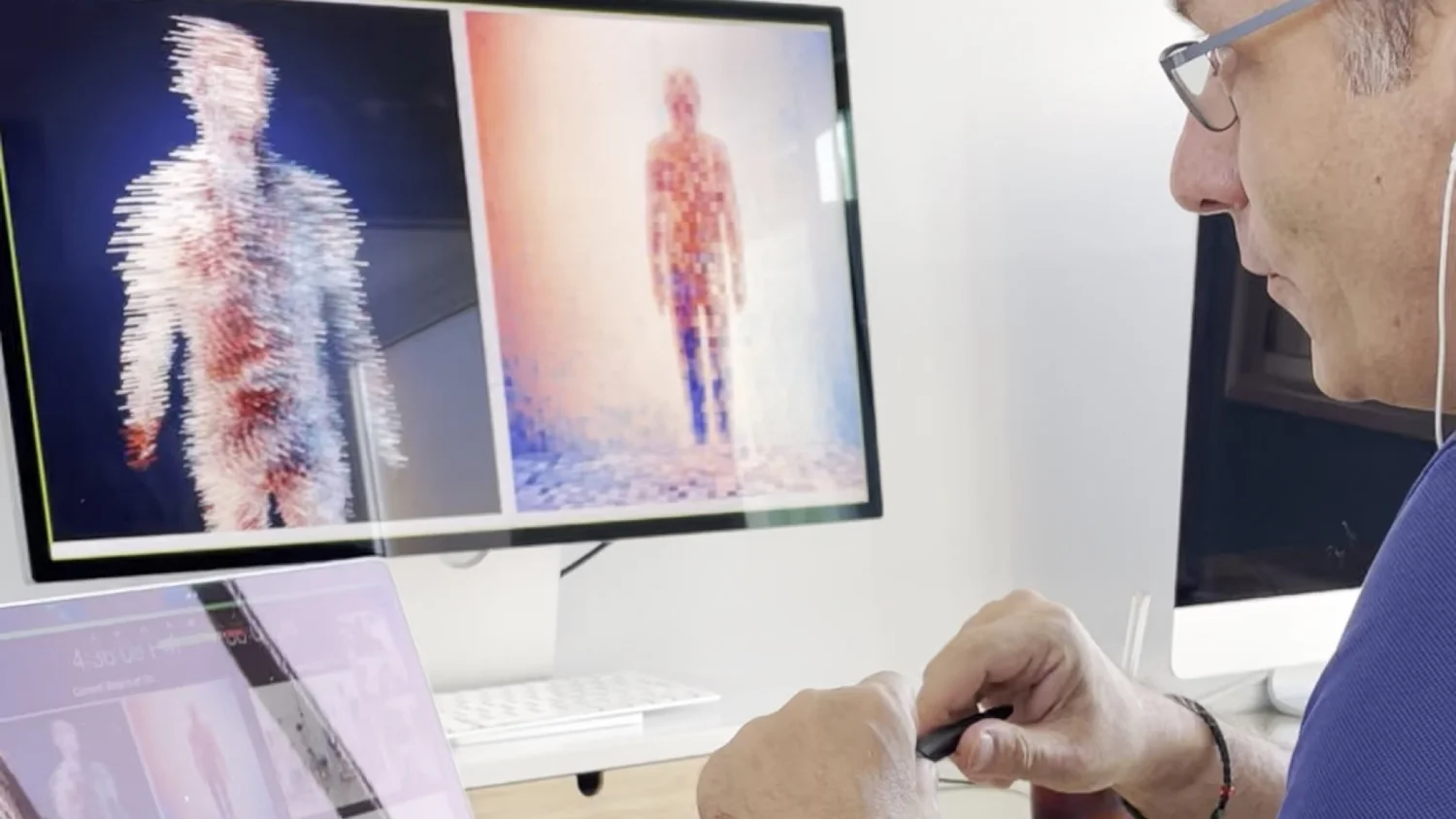 Visual designer Charis Tsevis presenting digital human figure visualizations to Science magazine's creative team during a 2024 online seminar on GenAI applications in editorial illustration and scientific visual communication - demonstrating the bridge between algorithmic art and human-guided design