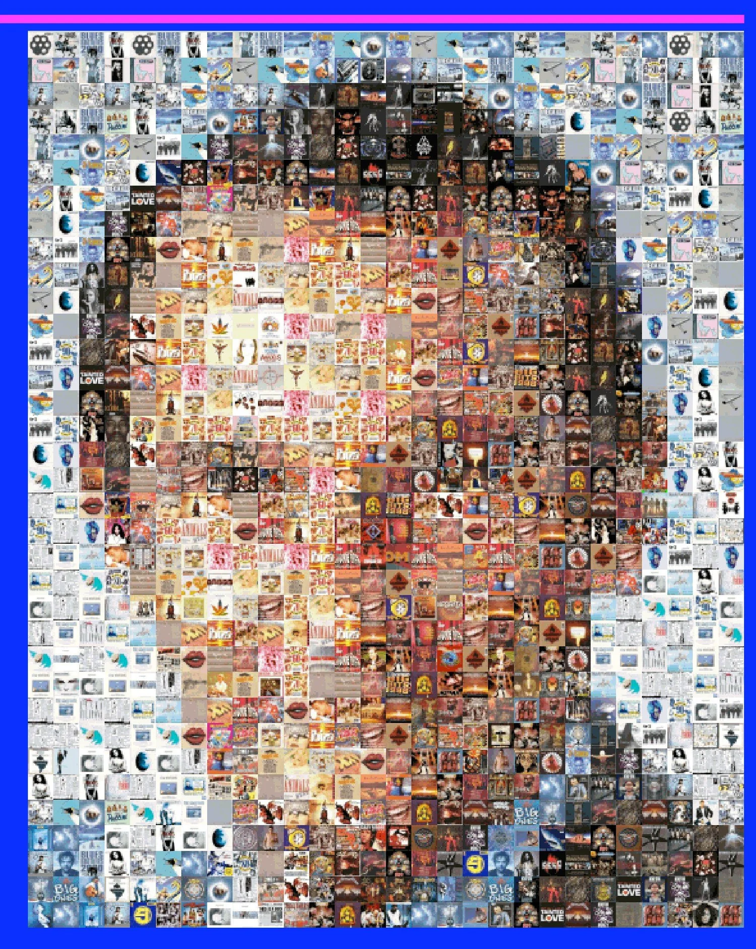 Mosaic portrait of a man made of small photographs, in a blue frame