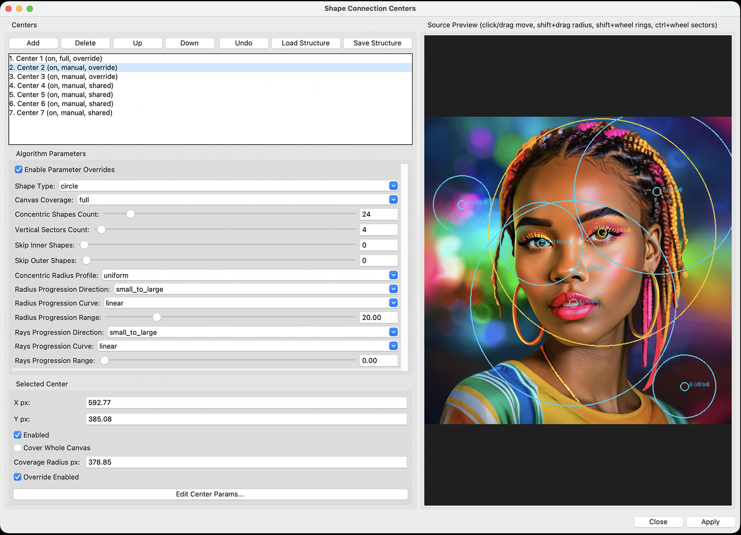 Screenshot of the CGMCreator shape connection centers dialog, with a list of seven centers and circles drawn over the eyes and mouth of a portrait of a woman with braids
