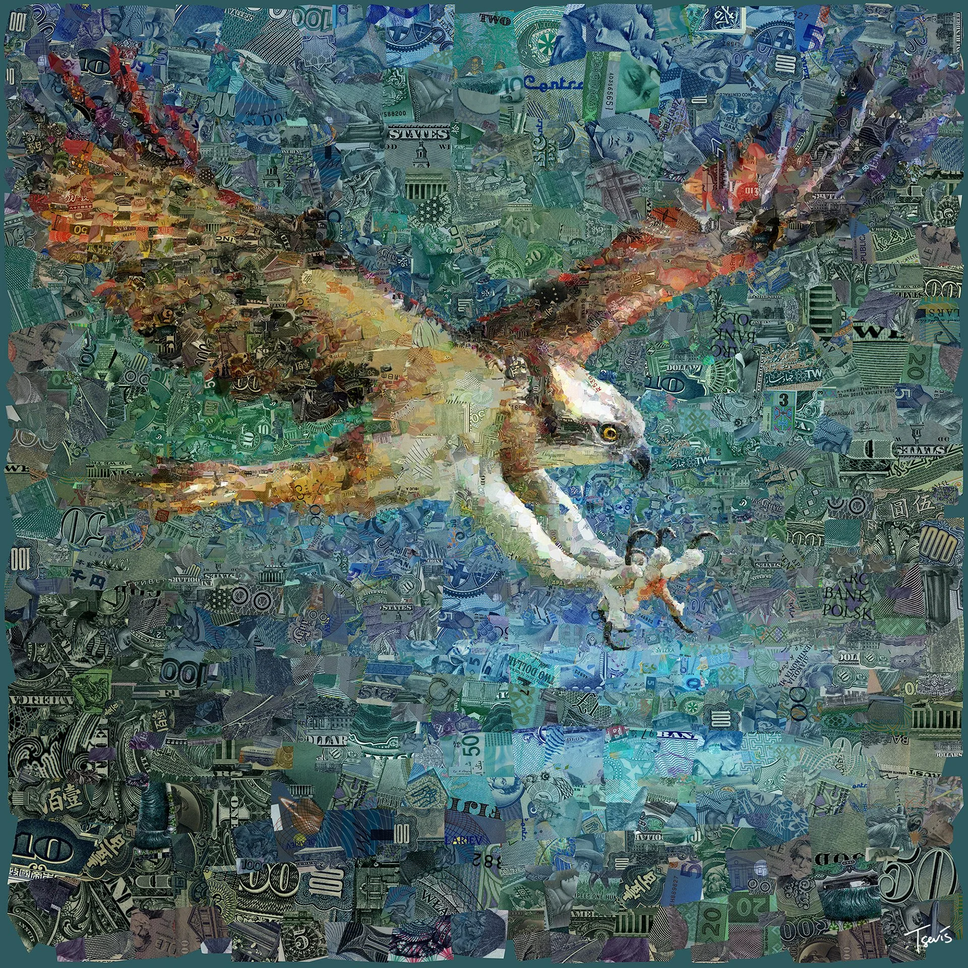 Eagle mosaic made of shredded banknote pieces.