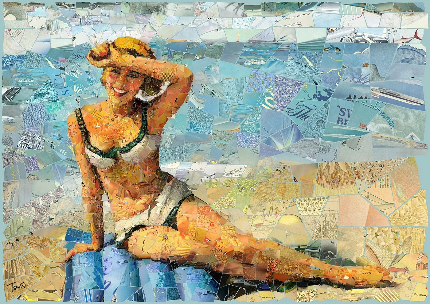 Girl on a towel mosaic portrait. Summer carefree vintage vibe