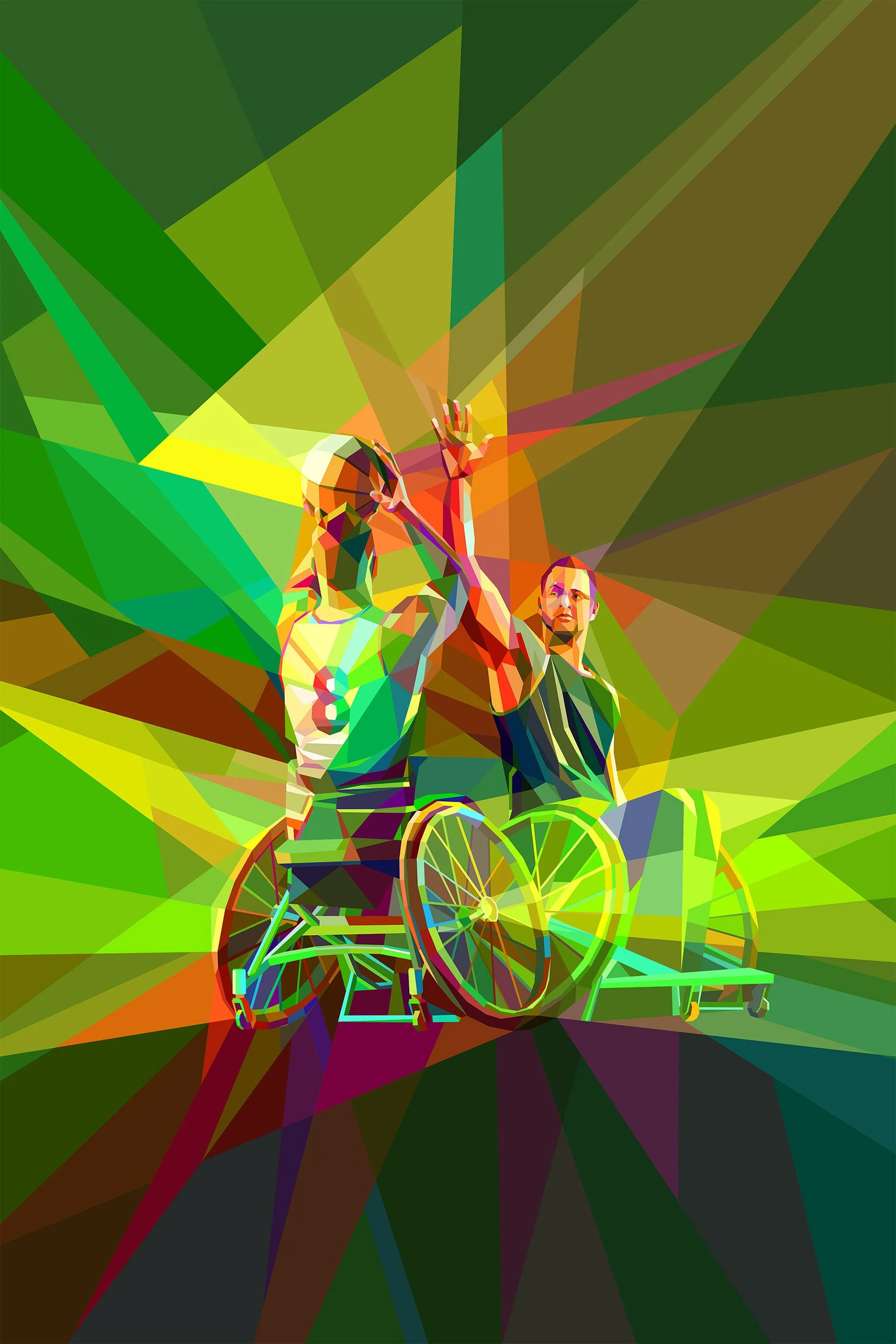 Wheelchair basketball neofuturistic illustration – adaptive athlete in geometric fragments. LBA inclusion campaign.