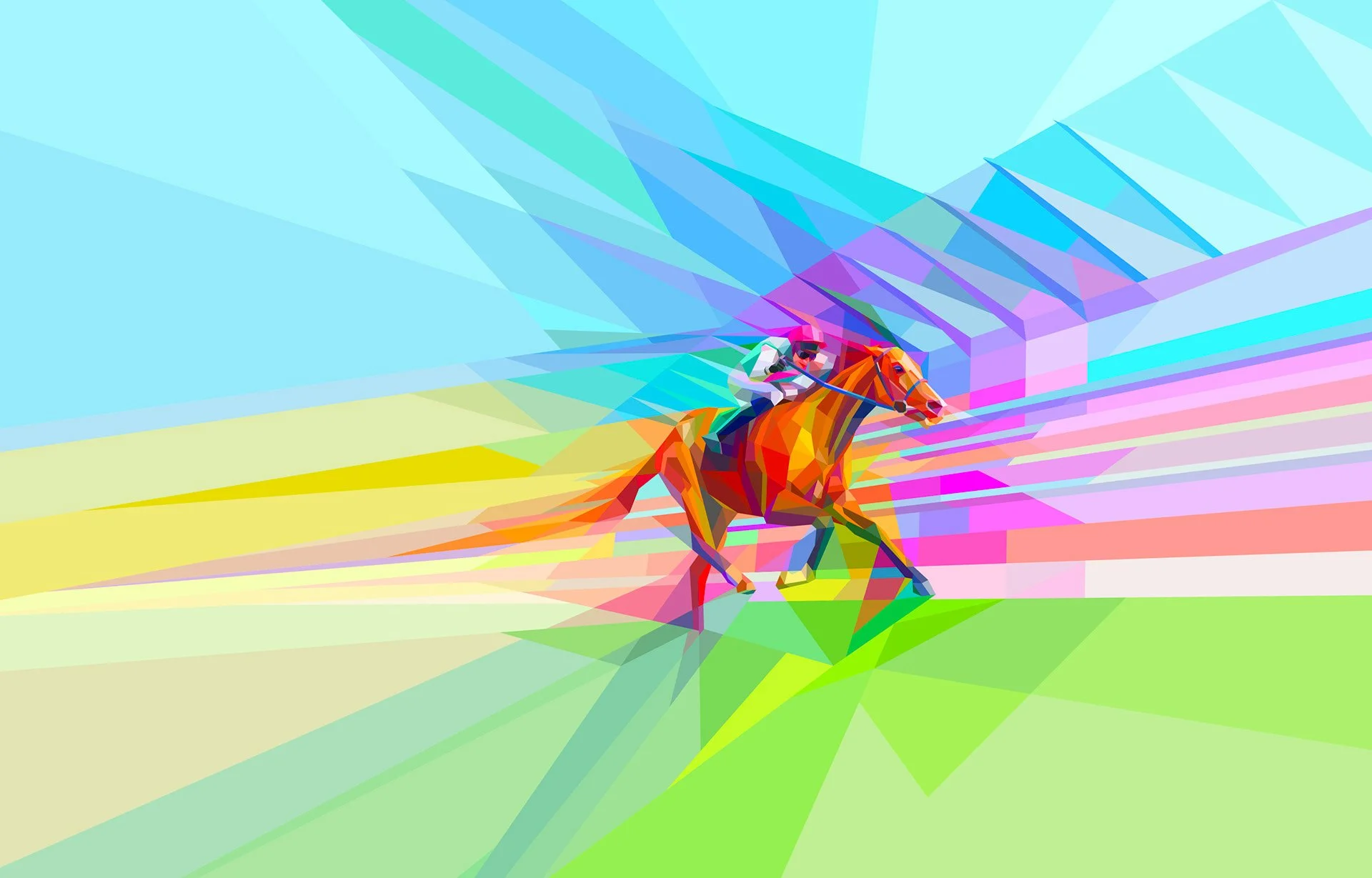 Neofuturistic racehorse mosaic, geometric fragments in bright colors. Ascot King George Weekend