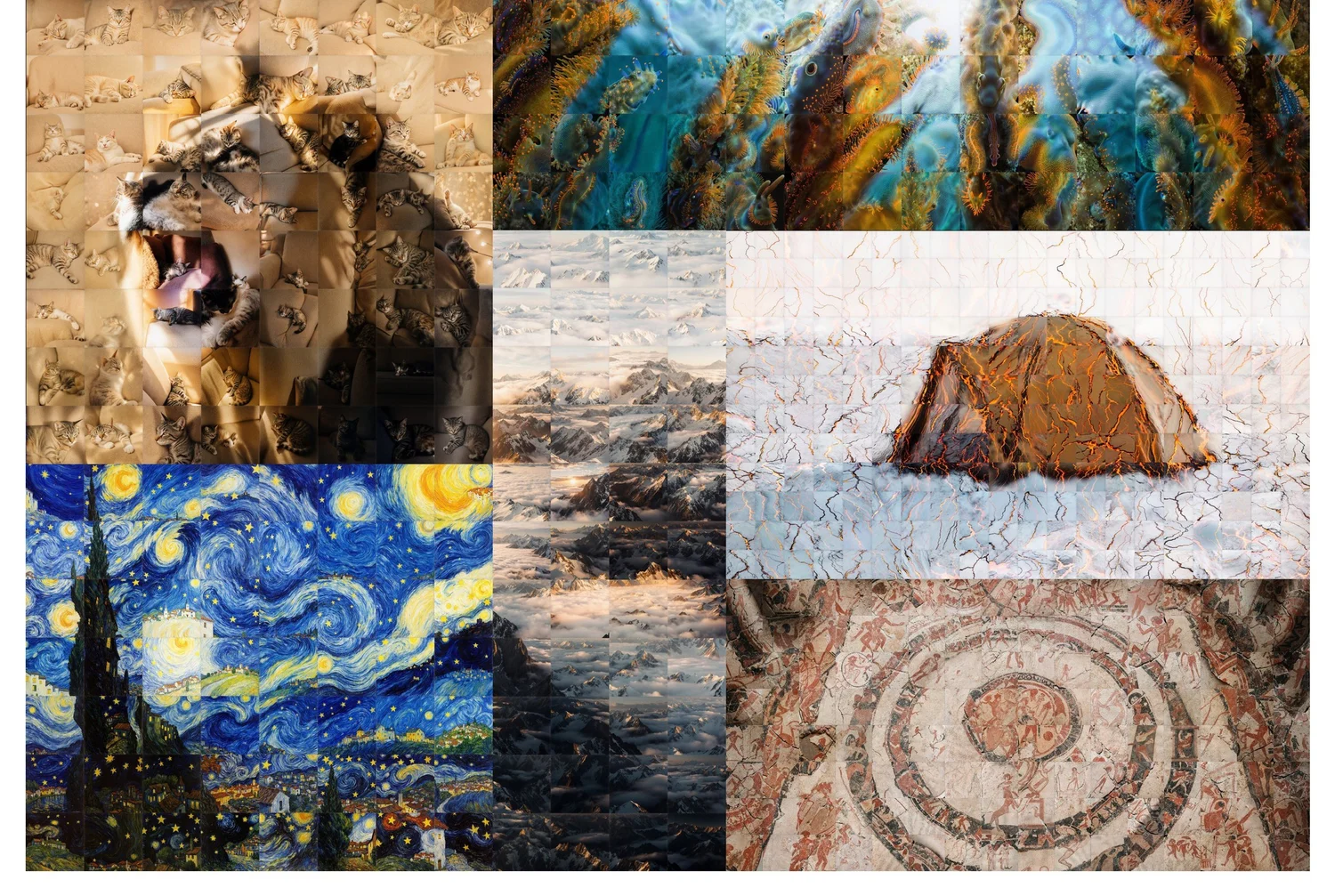Grid of generated mosaics: a roaring lion, The Starry Night, a tent in snow and a floor mosaic