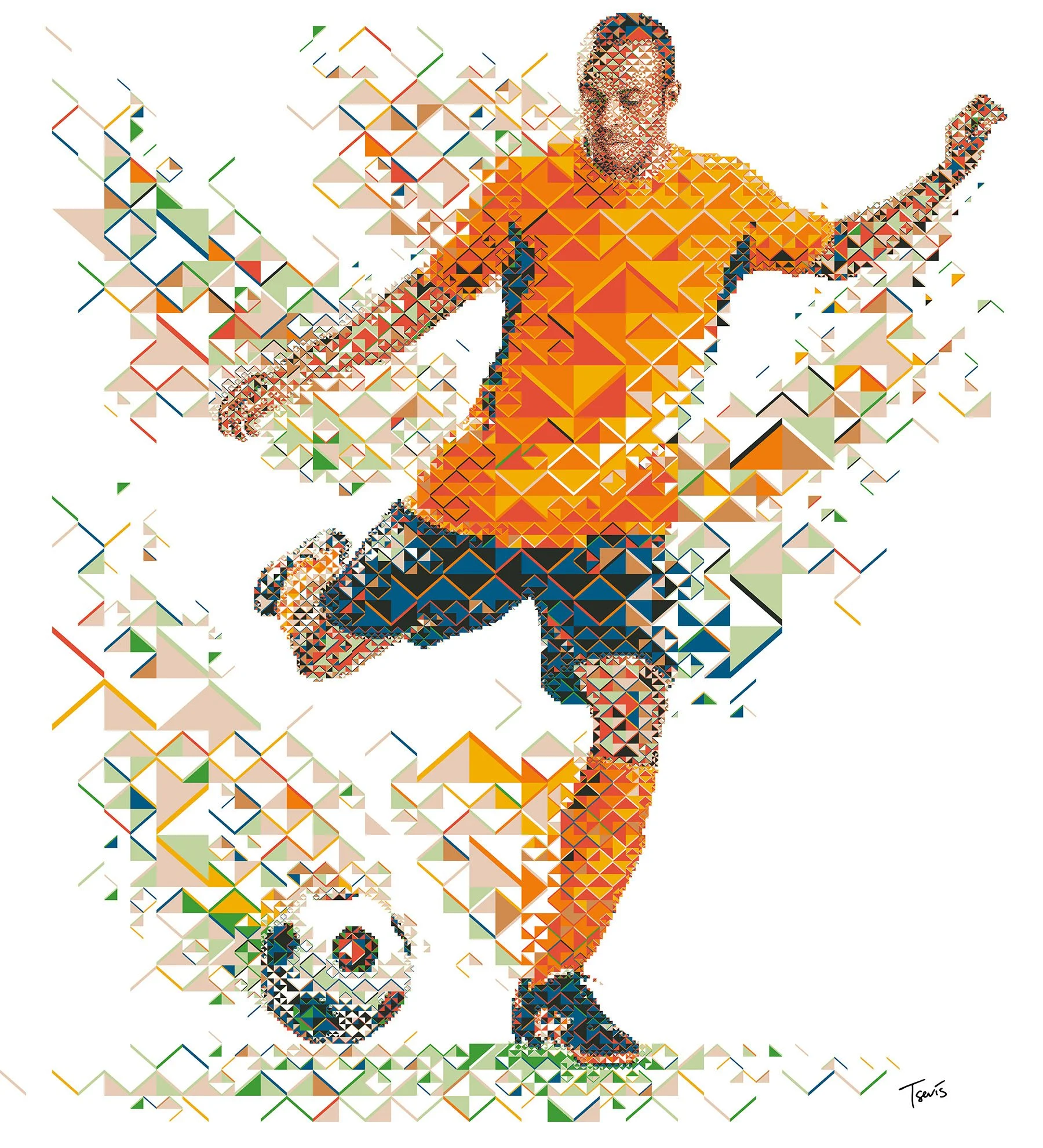 Christian Benitez Ecuador mosaic – "El Chucho" in warm energetic hues. Athlete as flying animal.