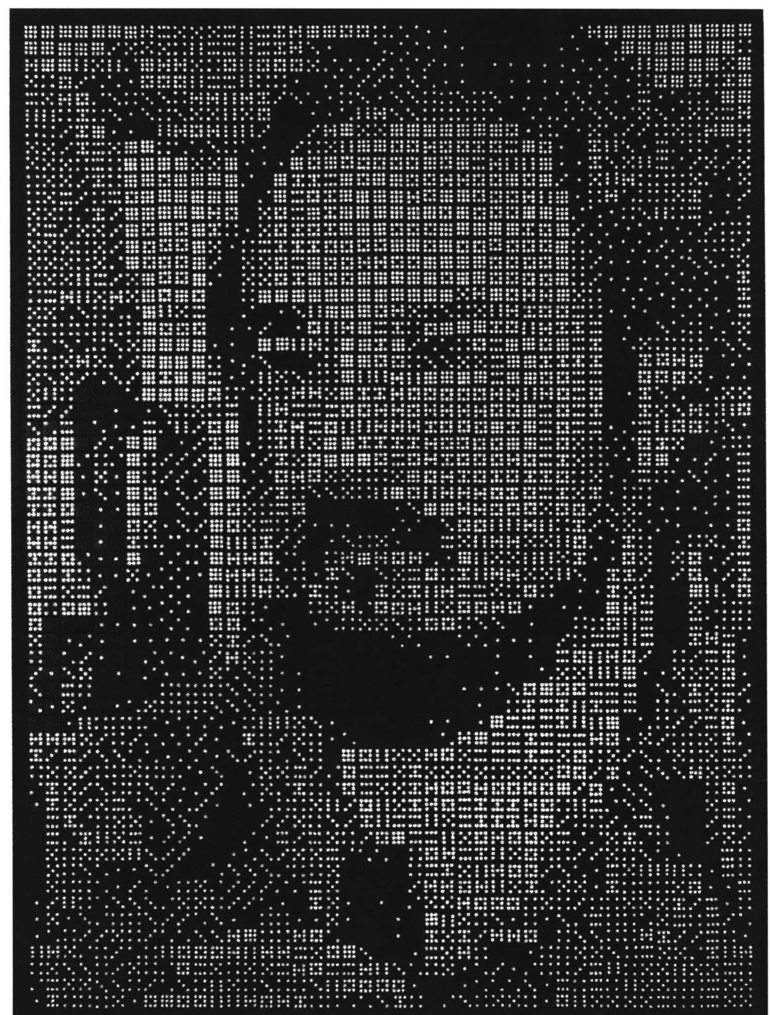 Portrait of a bearded man assembled from dominoes, the pips forming light and shadow
