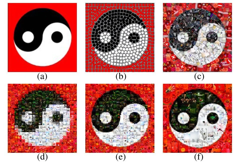 Six versions of a yin-yang symbol, from flat colour to tesserae to small photographs