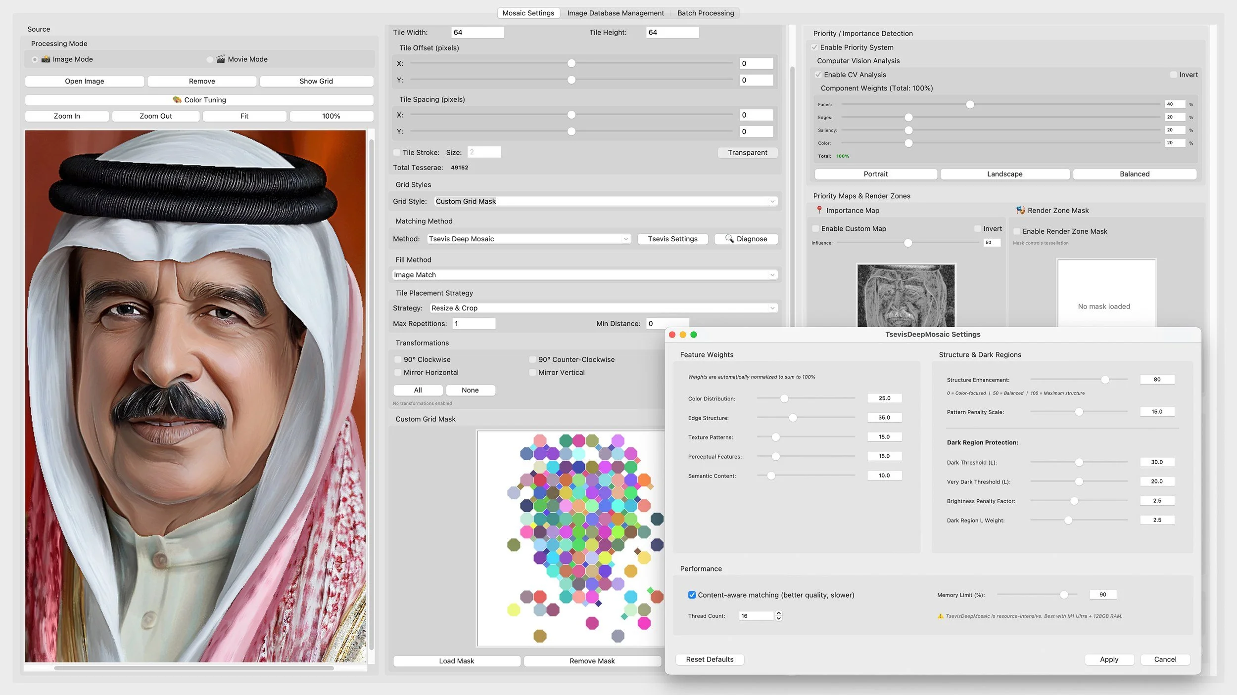 Mozaix app screenshot: a portrait of a man in a white headdress beside a tile preview and open settings panels