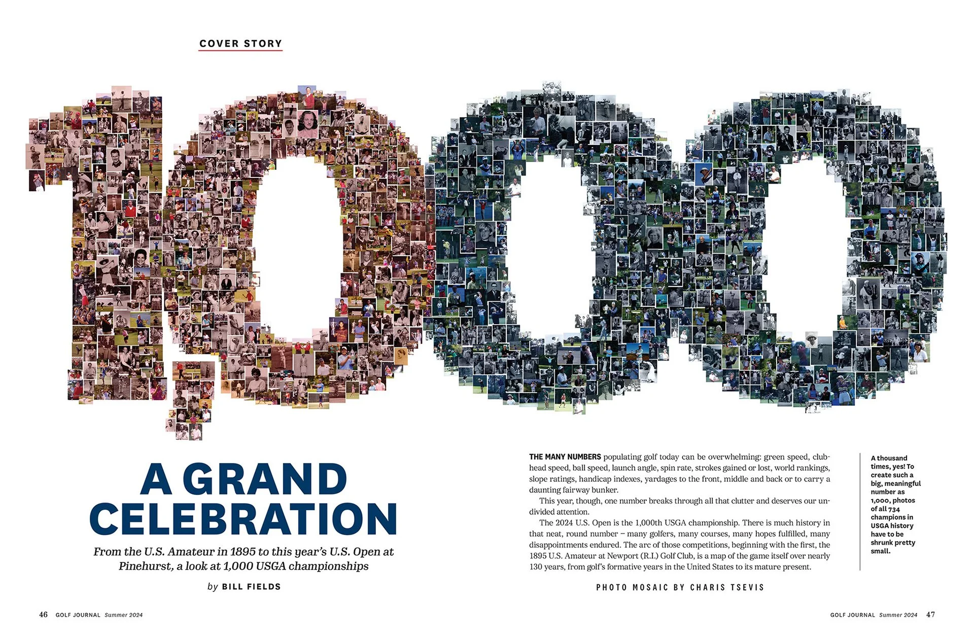 Spread illustration for Golf Journal celebrating the 1,000th USGA championship. The photomosaic features images from past championships, encapsulating the legacy of the U.S