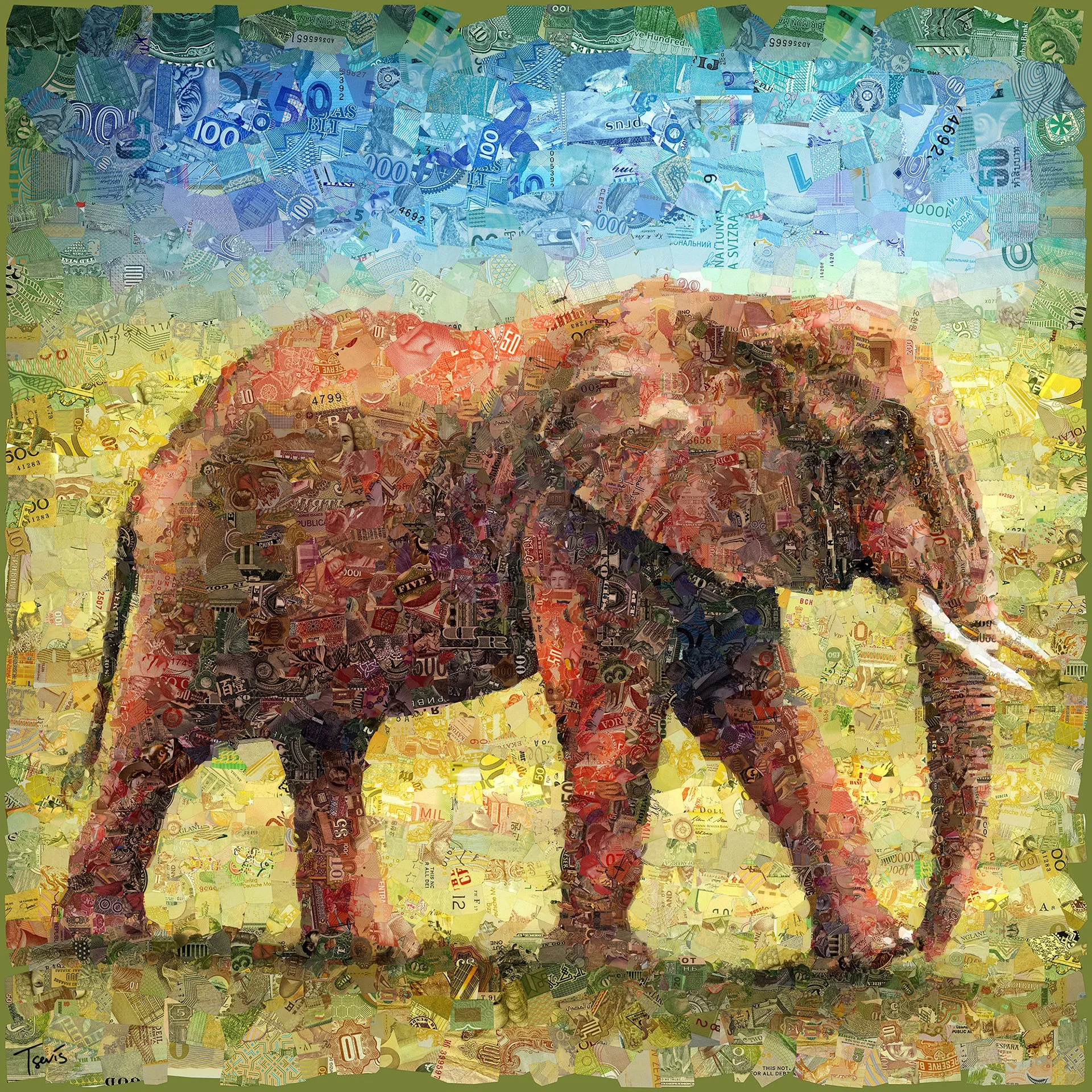 Elephant mosaic from mixed currencies
