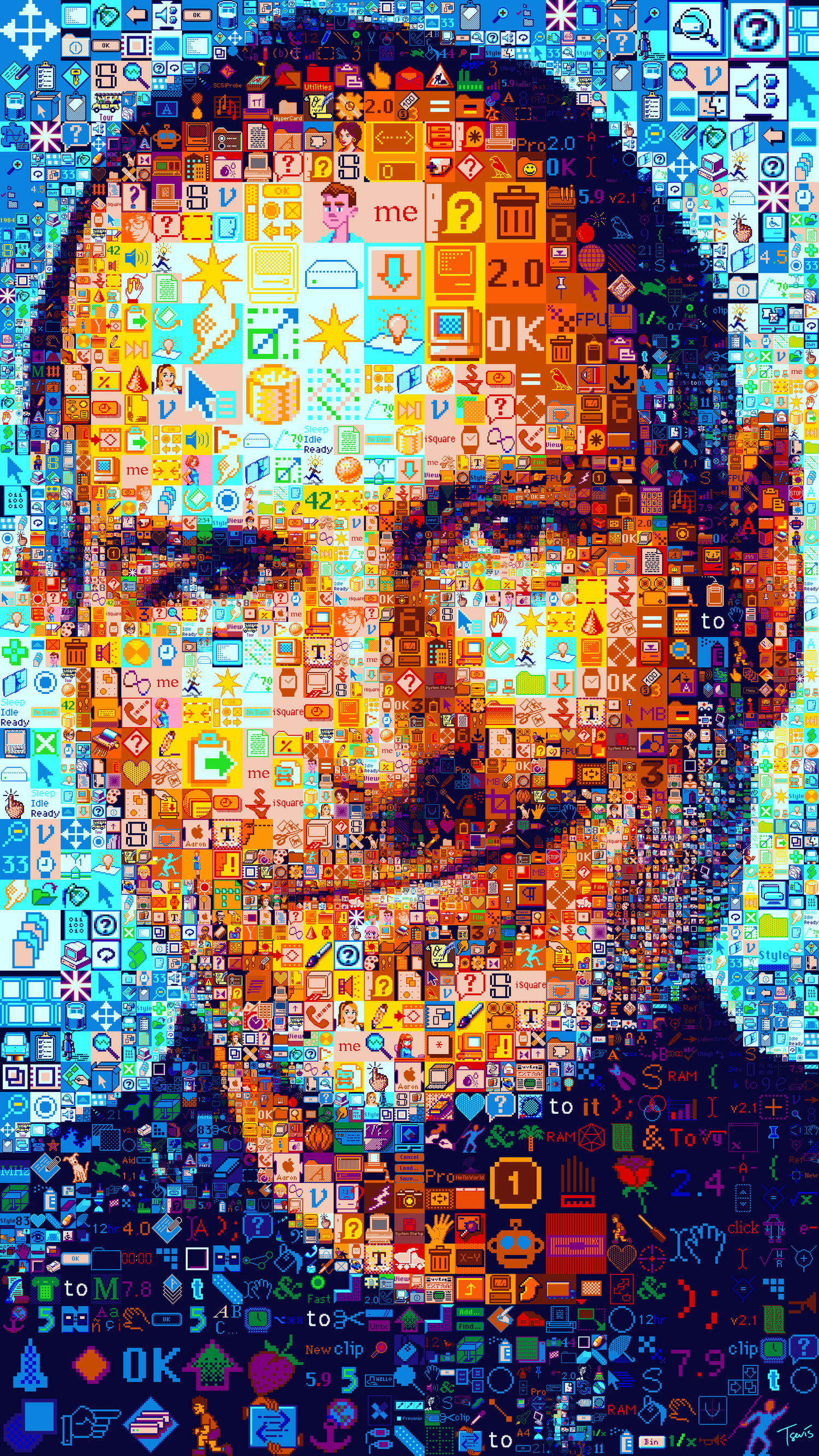 Steve Jobs digital mosaic portrait made of nostalgic pixel icons