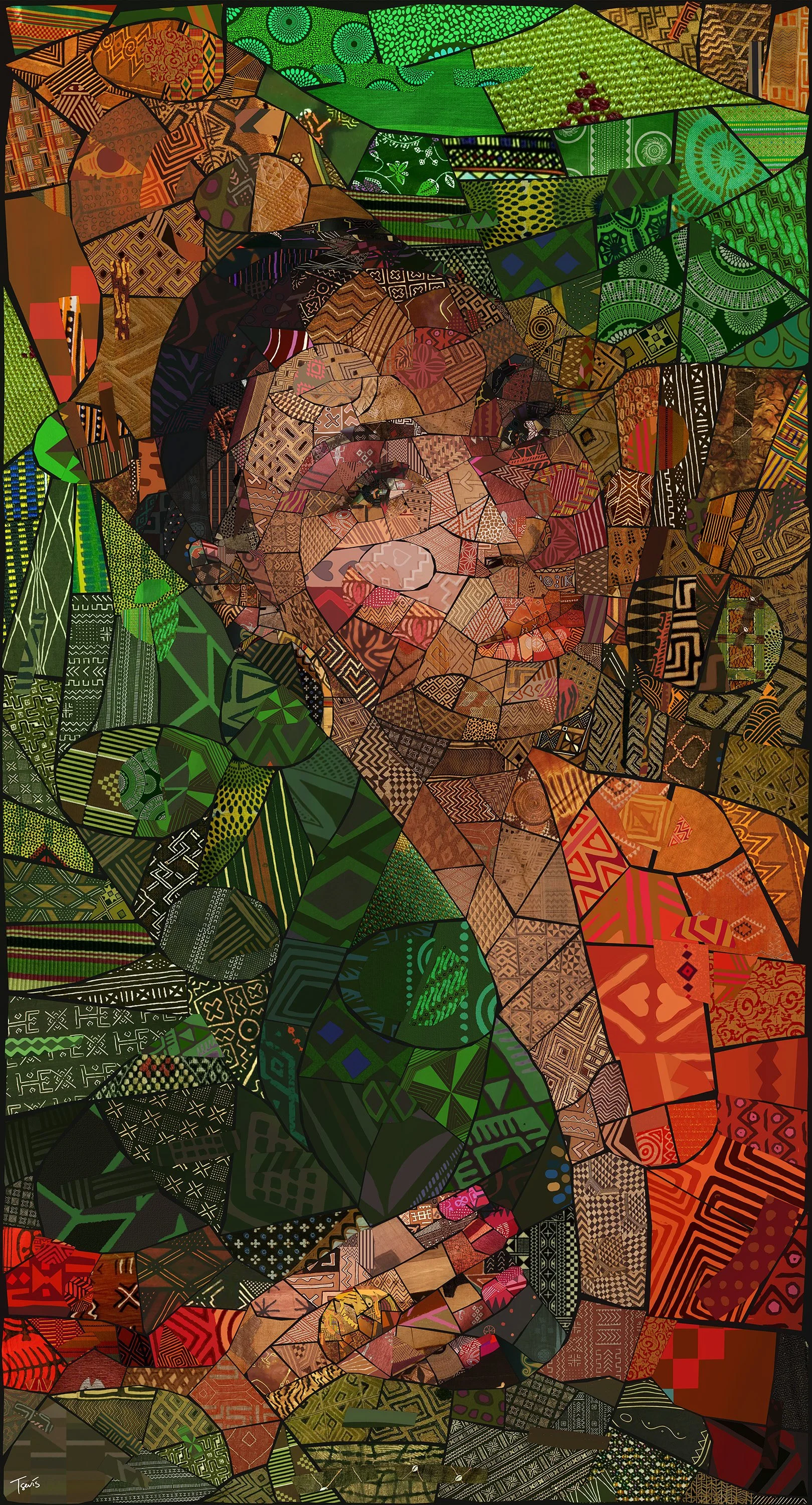 Woman with tropical leaves, digital montage with African culture images