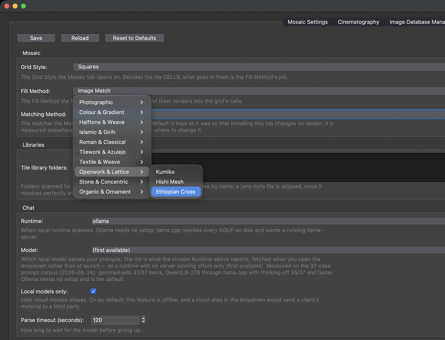Screenshot of the Mozaix settings with an open fill-method menu listing Photographic, Islamic and Girih, Tilework and Azulejo and Openwork and Lattice, and a note that local models only are used for client privacy
