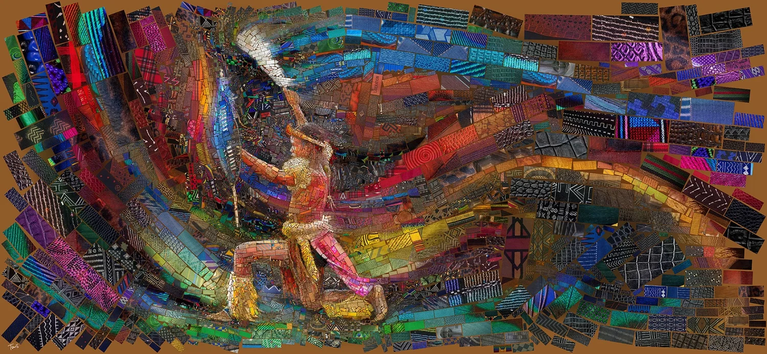 Wide digital mosaic of a dancer swirling a ribbon of light, built from colorful African pattern tiles on an ochre ground