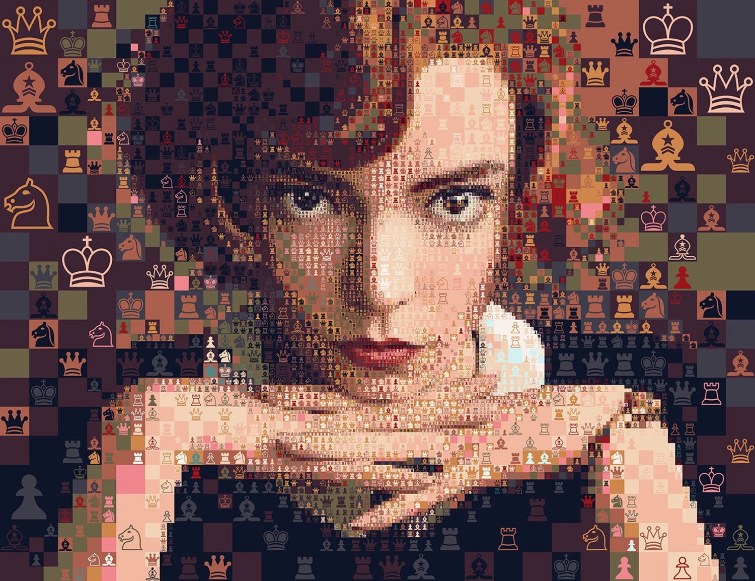 Digital mosaic portrait of Beth Harmon, portrayed by Anya Taylor-Joy in The Queen’s Gambit (2020), composed entirely of chess symbols. Halftone and dithering-inspired lighting techniques create rhythmic visual textures, echoing the strategic cadence of chess and the psychological depth of the character. A self-initiated tribute to the novel, the series, and the game itself.