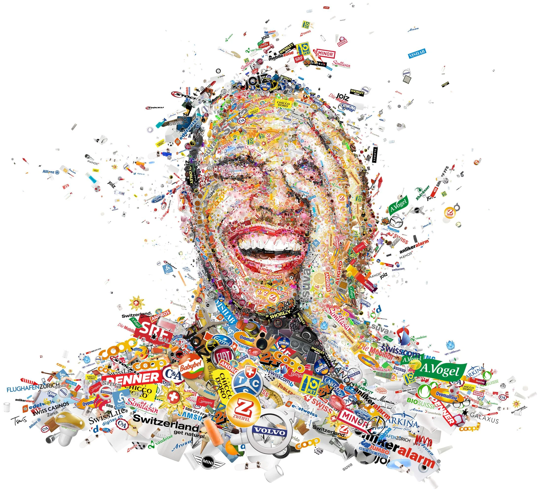 Clear Channel mosaic portrait – dozens of Swiss company logos as colorful tesserae.