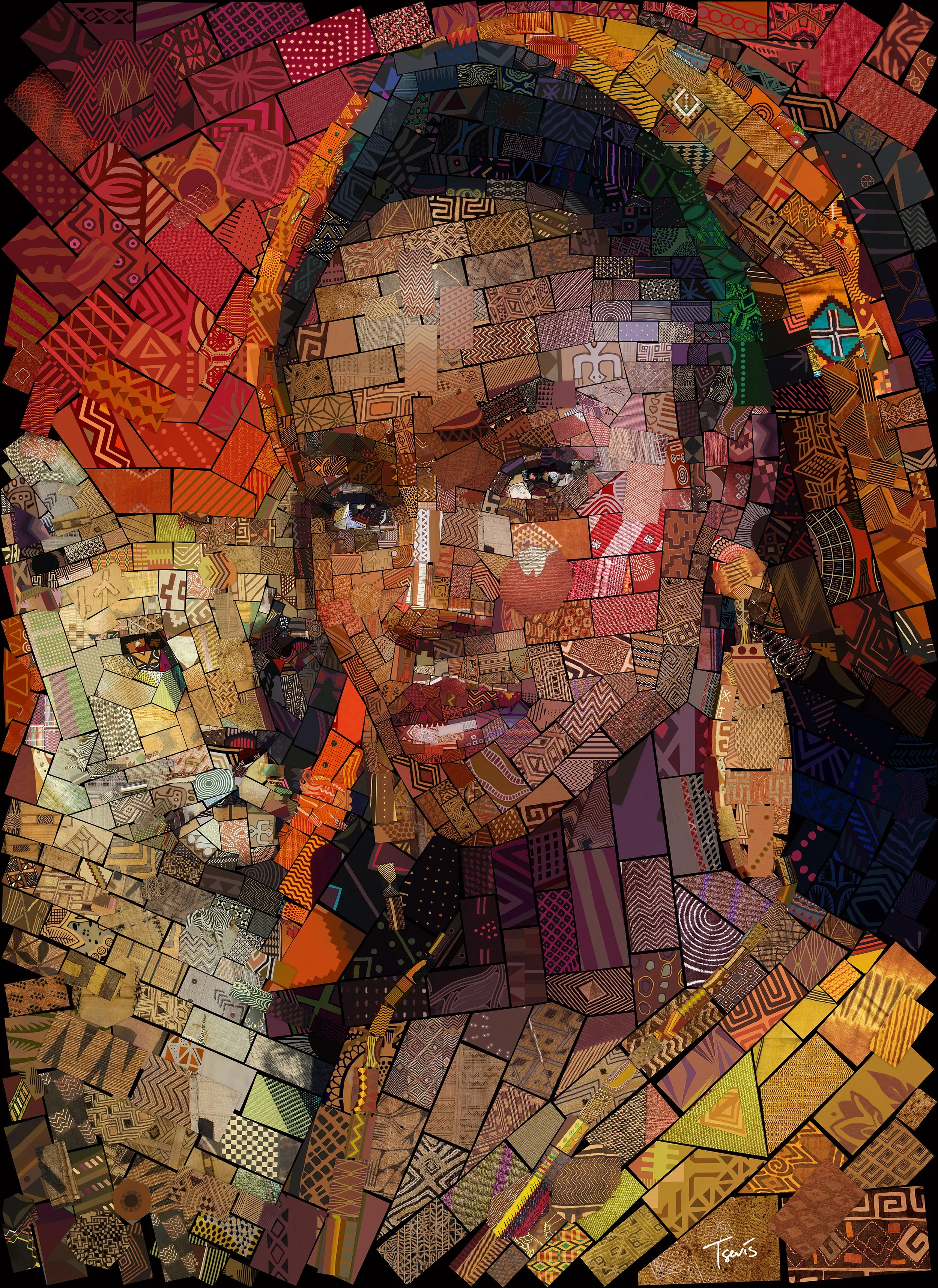 Beautiful woman with a wild cat, digital mosaic art
