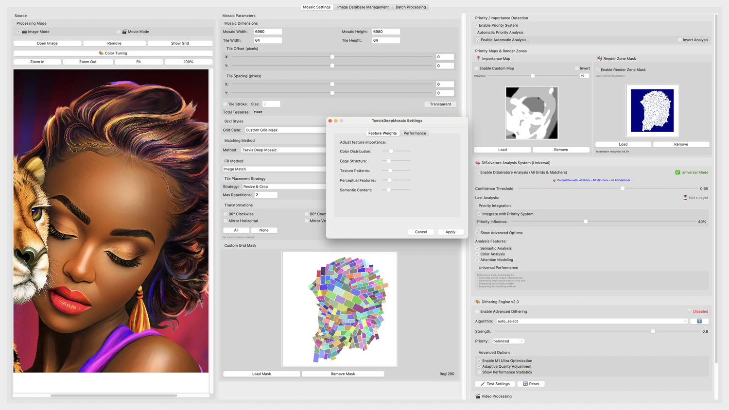 Software window of a mosaic generation tool with settings panels, a portrait of a woman with a leopard and a tile map