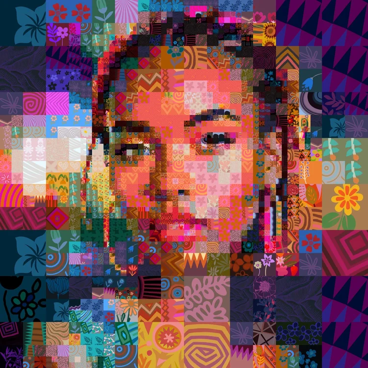 Mosaic portrait of a woman built from illustrated tiles by the Mozaix RS1996 matcher