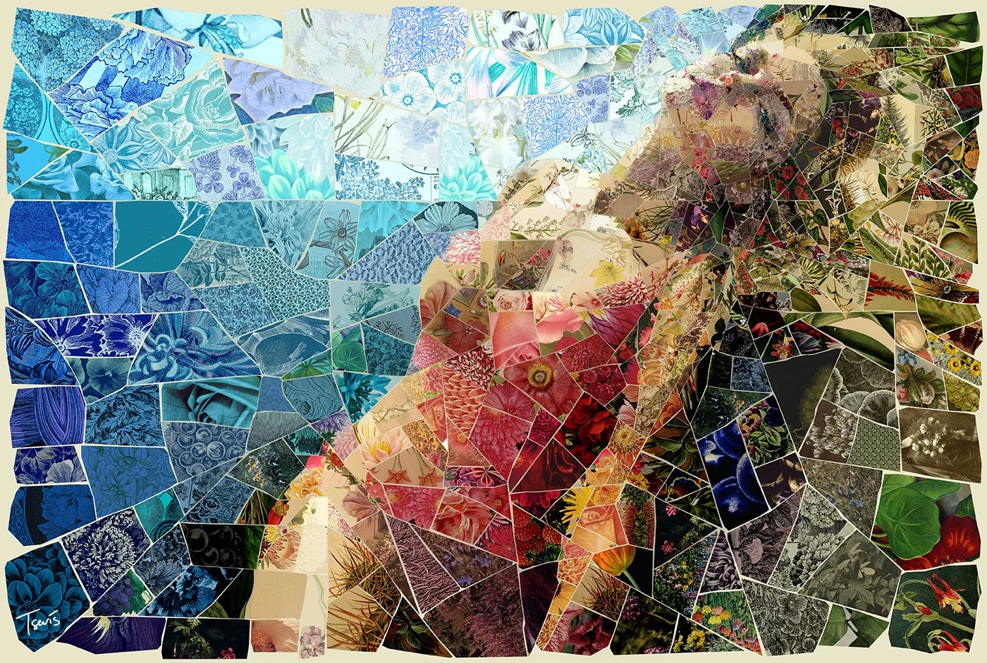 Provocative Aphrodite mosaic, passionate red and purple tiles.