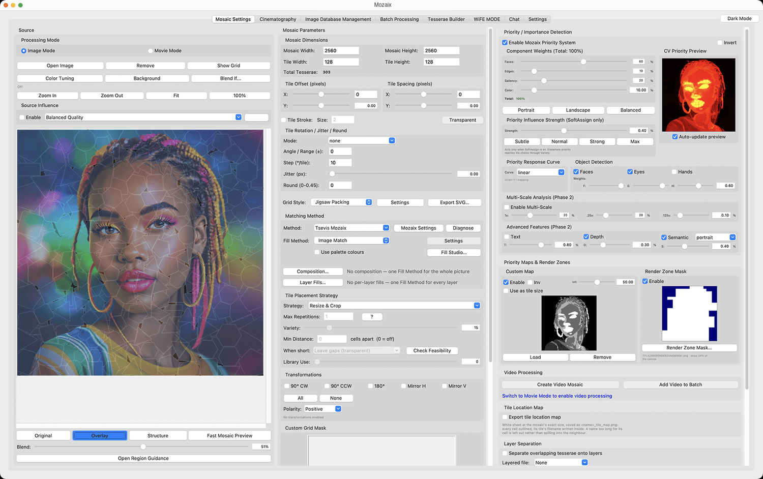 Screenshot of the Mozaix priority and importance settings beside a portrait of a woman with braids, with a heat-map preview of the importance map and sliders for faces, edges, saliency and colour