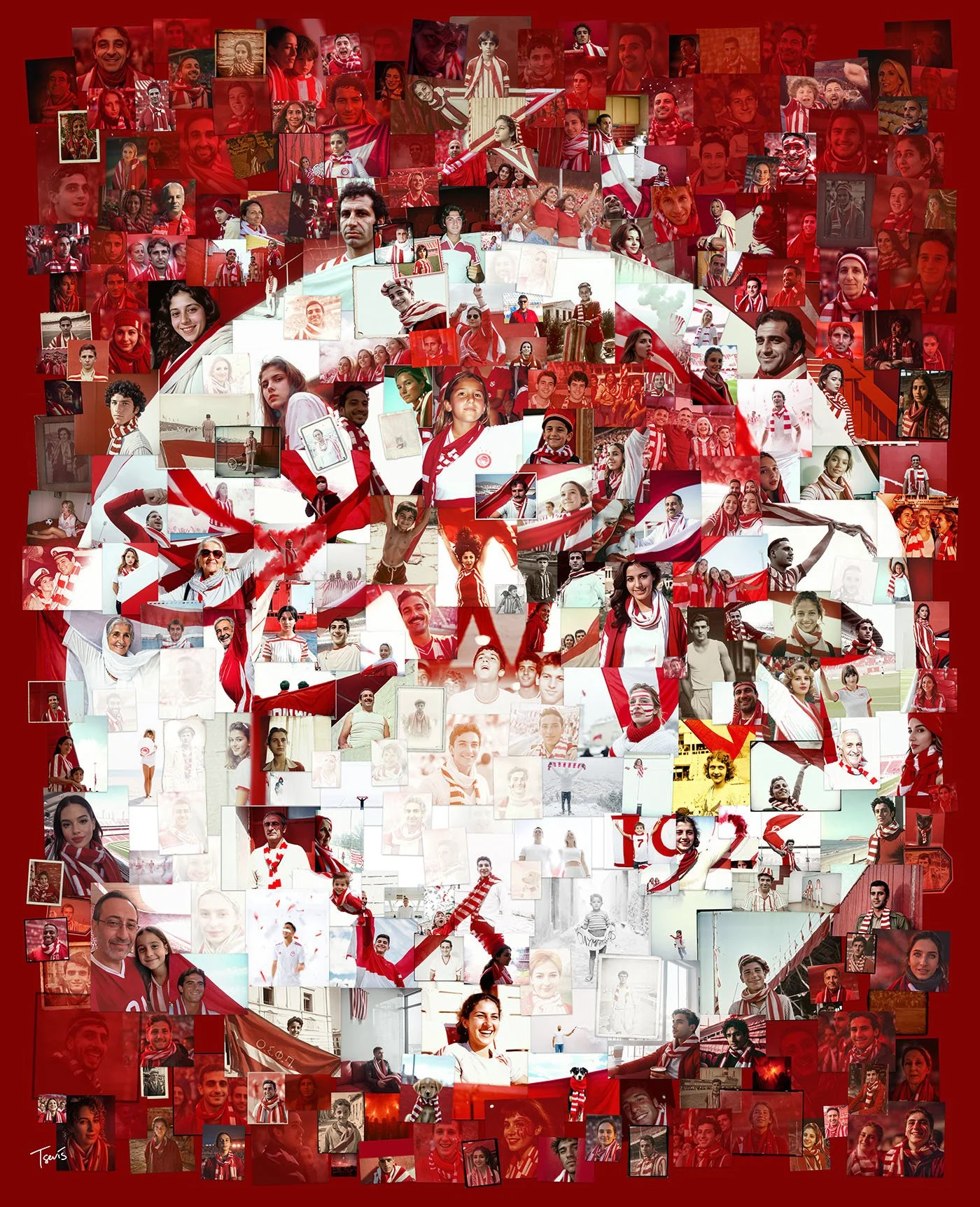 A digital mosaic celebrating 100 years of Olympiacos, composed of AI-generated fan portraits showcasing the club's rich history, emotional depth, and timeless dedication.