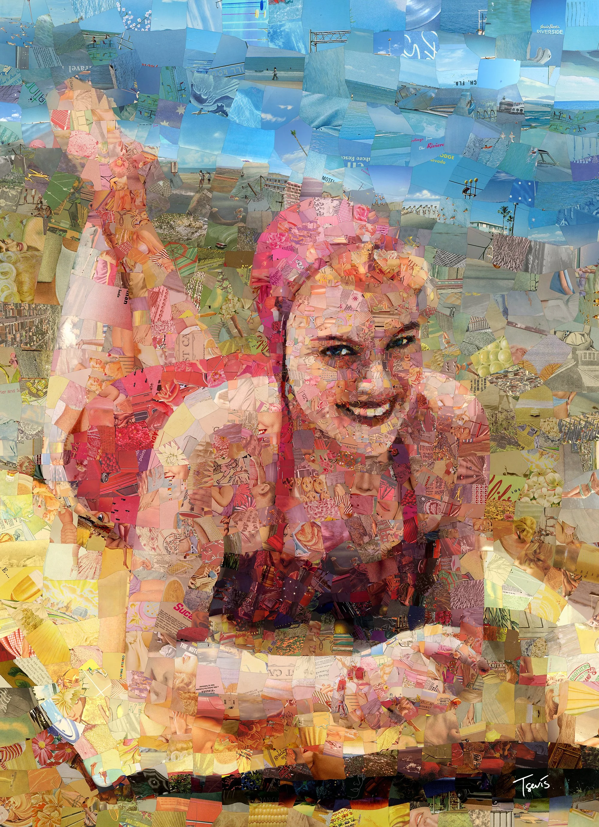 Pink summer - Retro Beach Girl in Pink Mosaic Art Print | Vintage 1950s Swimsuit Wall Decor