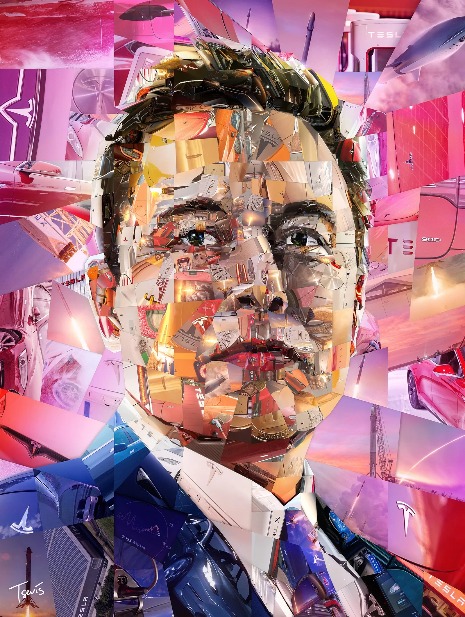 Elon Musk portrait by many photos of his creation, editorial art for TIME magazine