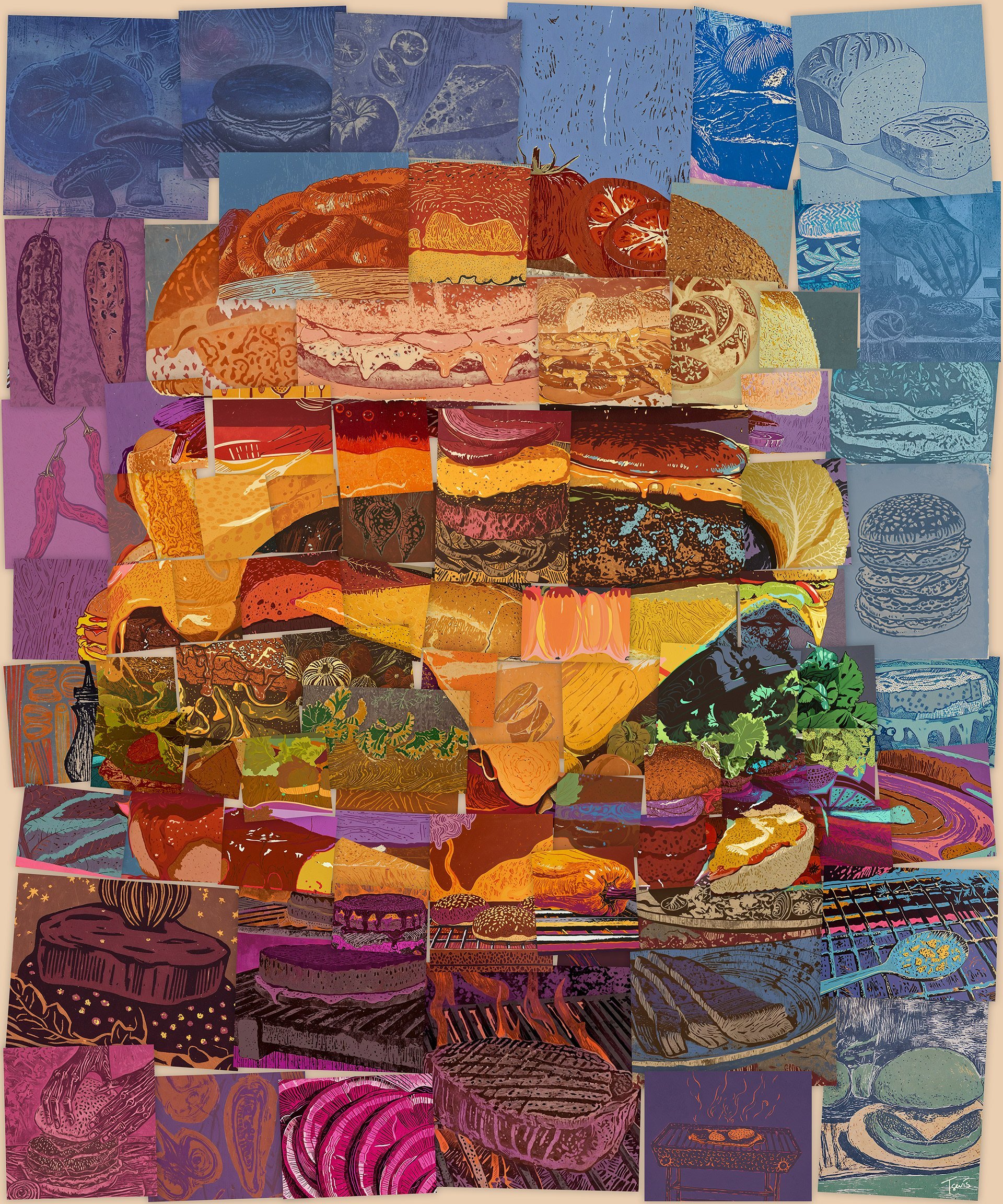 Digital mosaic burger constructed from food fragments, pink and cyan tones, Artful Living editorial series 2026