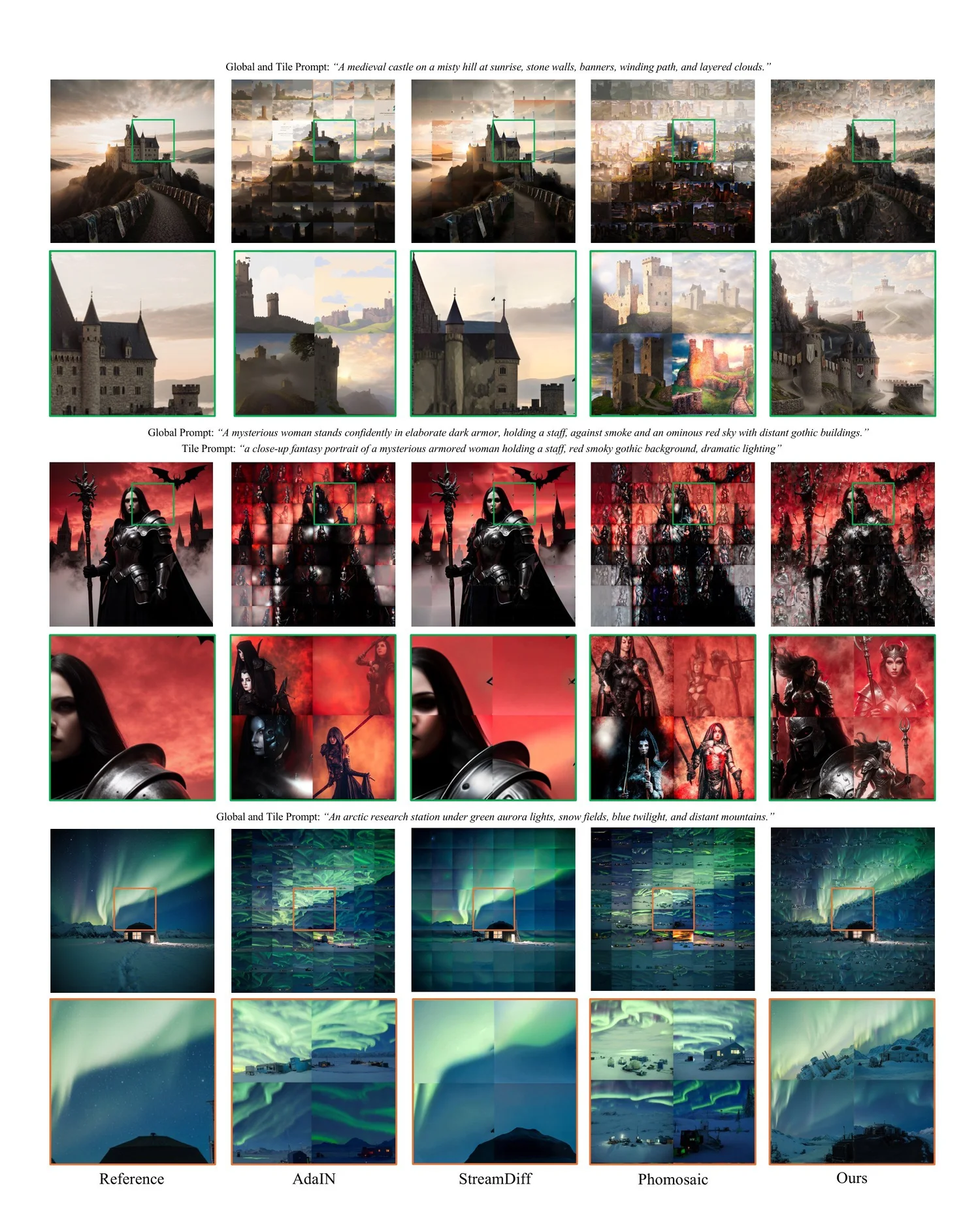 Comparison grid of castle, warrior and aurora mosaics made by five methods