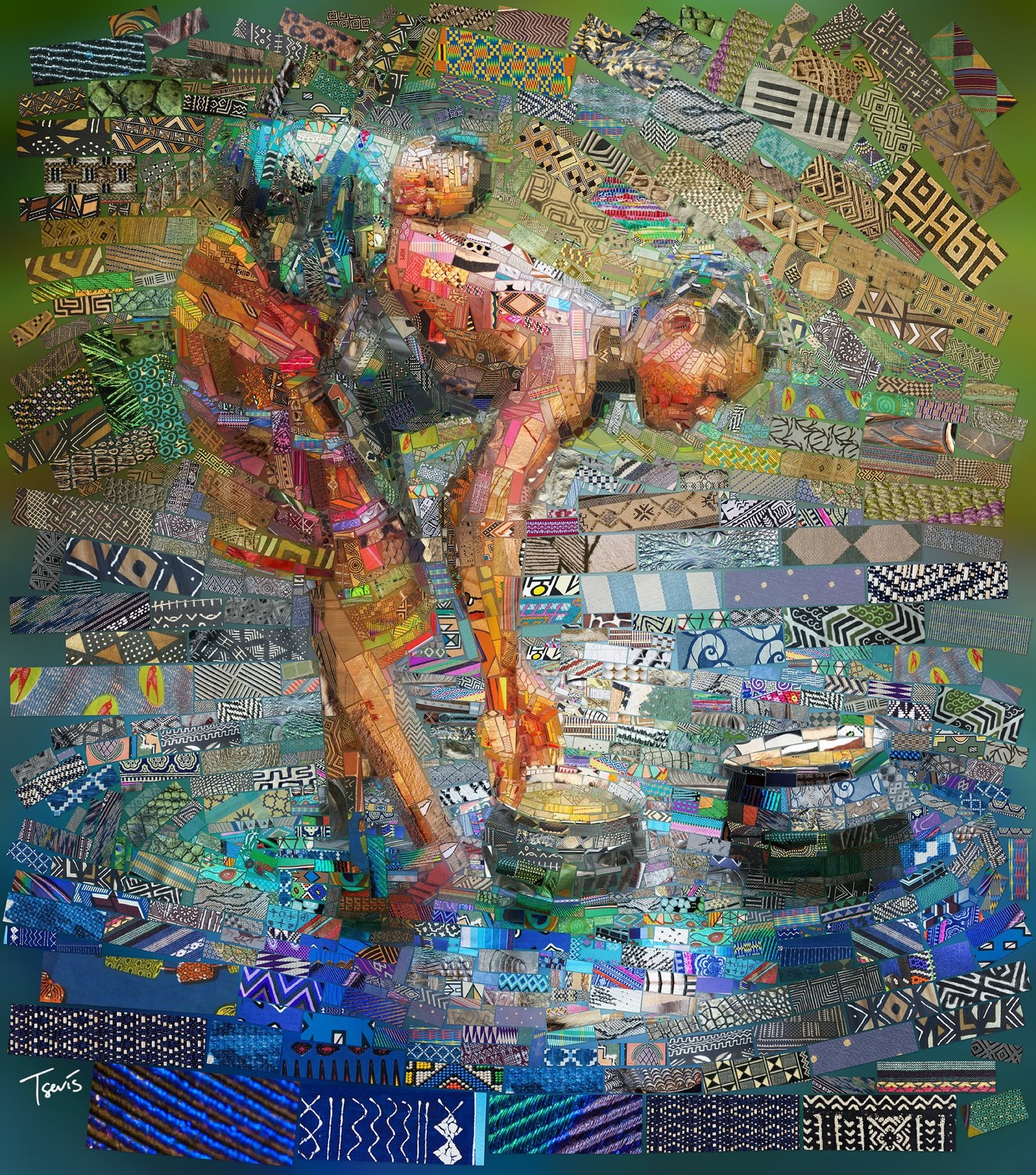 Mosaic of a woman bent over washing, a child on her back, built from many African pattern and textile tile strips