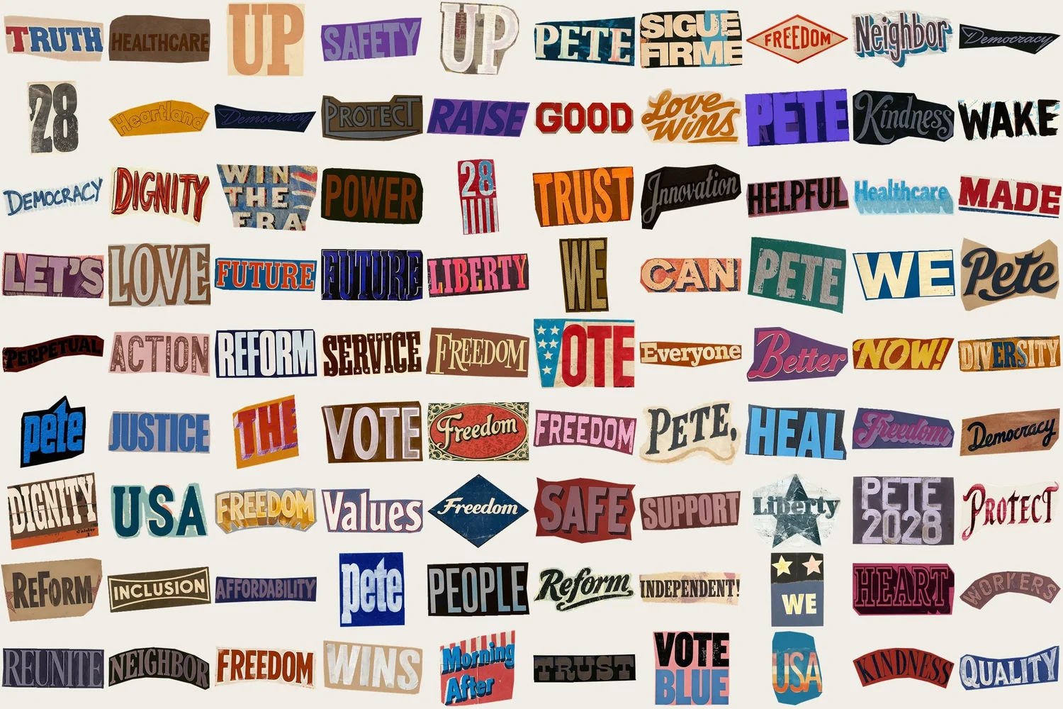 Plate of single-word pieces: Truth, Healthcare, Freedom, Dignity, Justice, Kindness, Vote, Liberty and more.