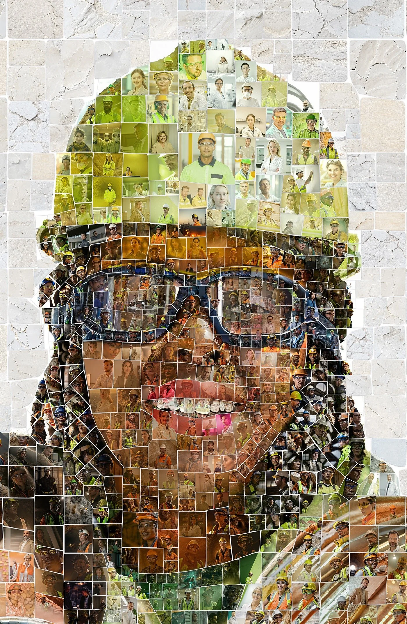 Mosaic portrait of a smiling woman in a green hard hat and safety glasses