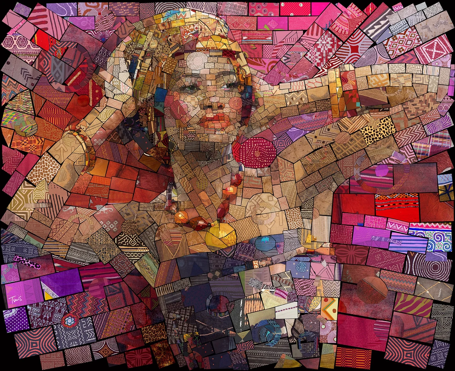 Digital mosaic of a woman with a gold headpiece and beaded necklace, arms raised, made of pink and red patterned tiles