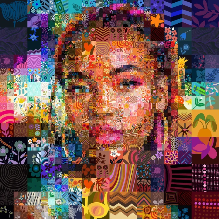 Mosaic portrait of a woman built from illustrated tiles by the Mozaix Tsevis Mozaix matcher