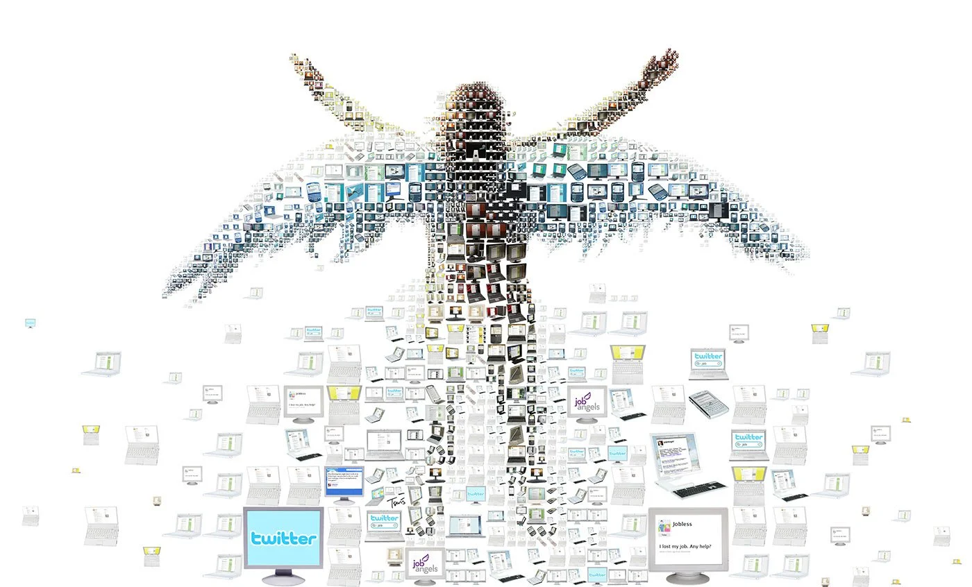 Twitter Angel mosaic – businessman with angel wings from computers and tweets. Metromix LA. 2008 financial crisis.