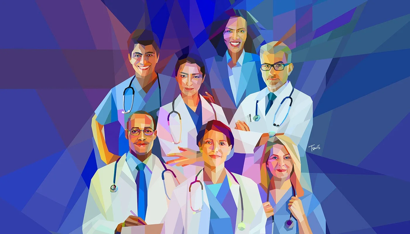 Cardiologist portrait – neofuturistic geometric style. American College of Cardiology conference illustration.