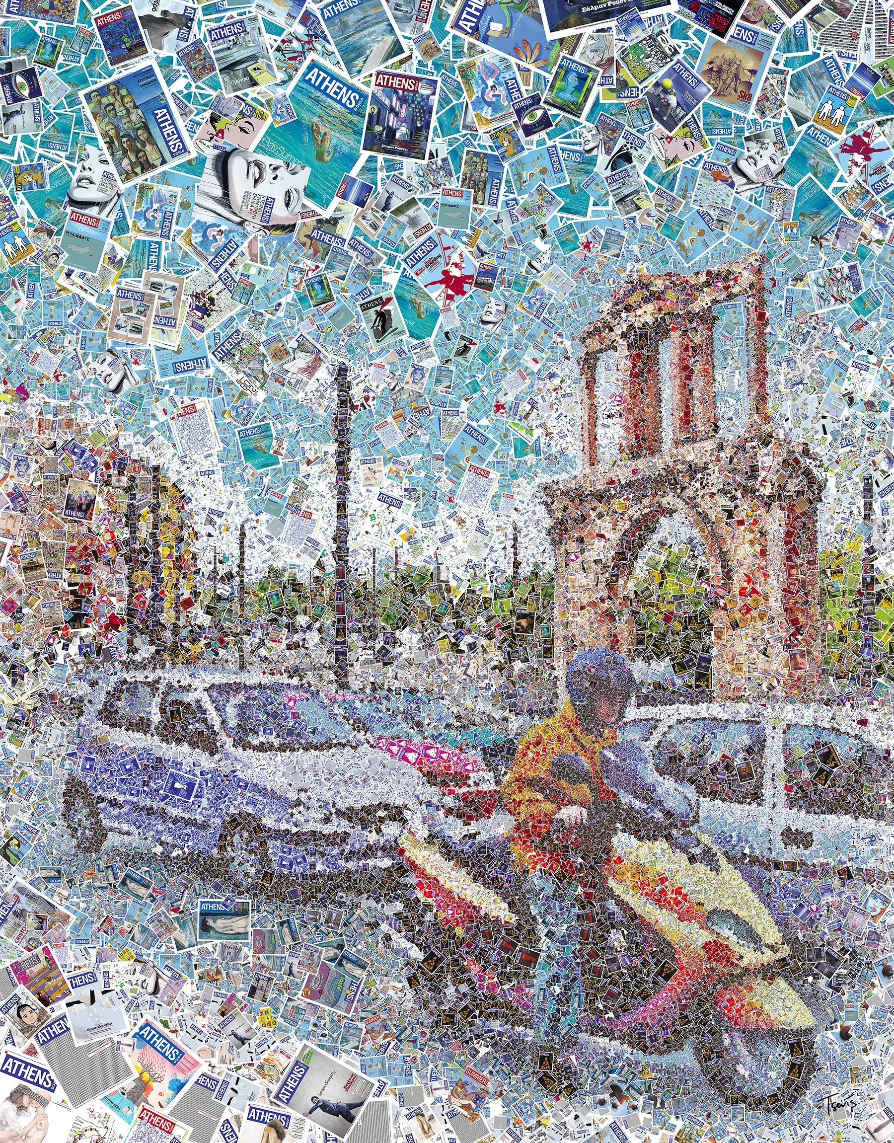 Athens traffic mosaic – cars forming Hadrian's Gate. Greek capital street scene.
