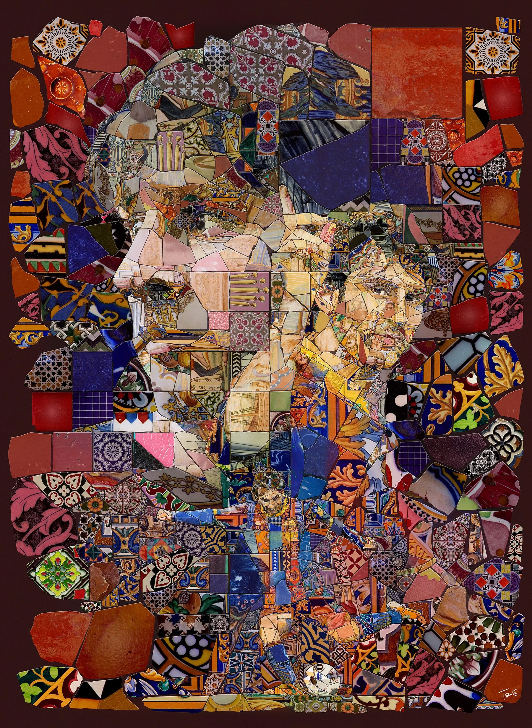 Art of Messi mosaic portrait, trencadís mosaic style.