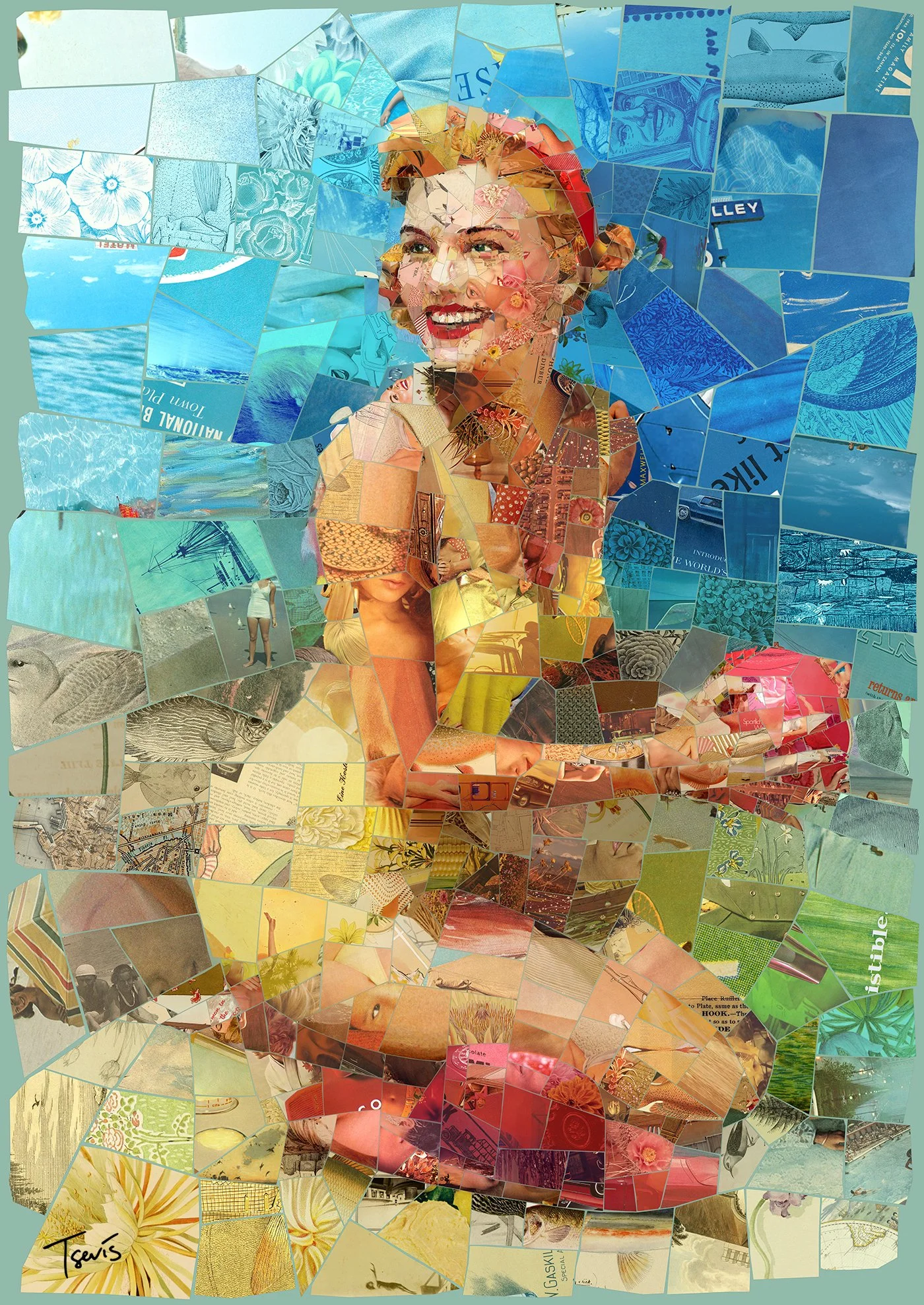 Beat this summer - Retro Mosaic Portrait | Smiling Woman in Swimsuit with Beach Ball