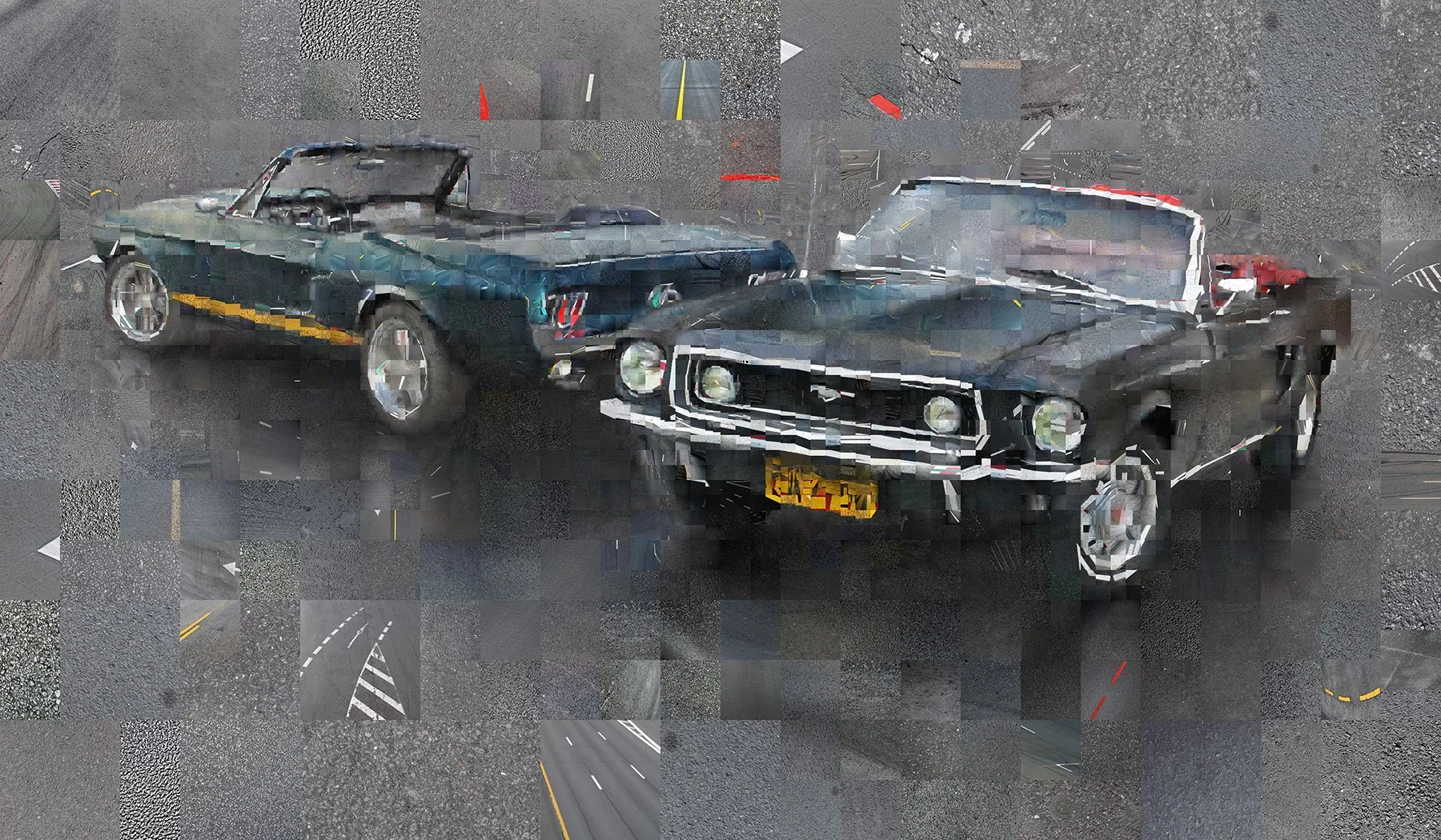 Mustang mosaic – wild street horse from pure asphalt and road graphics.