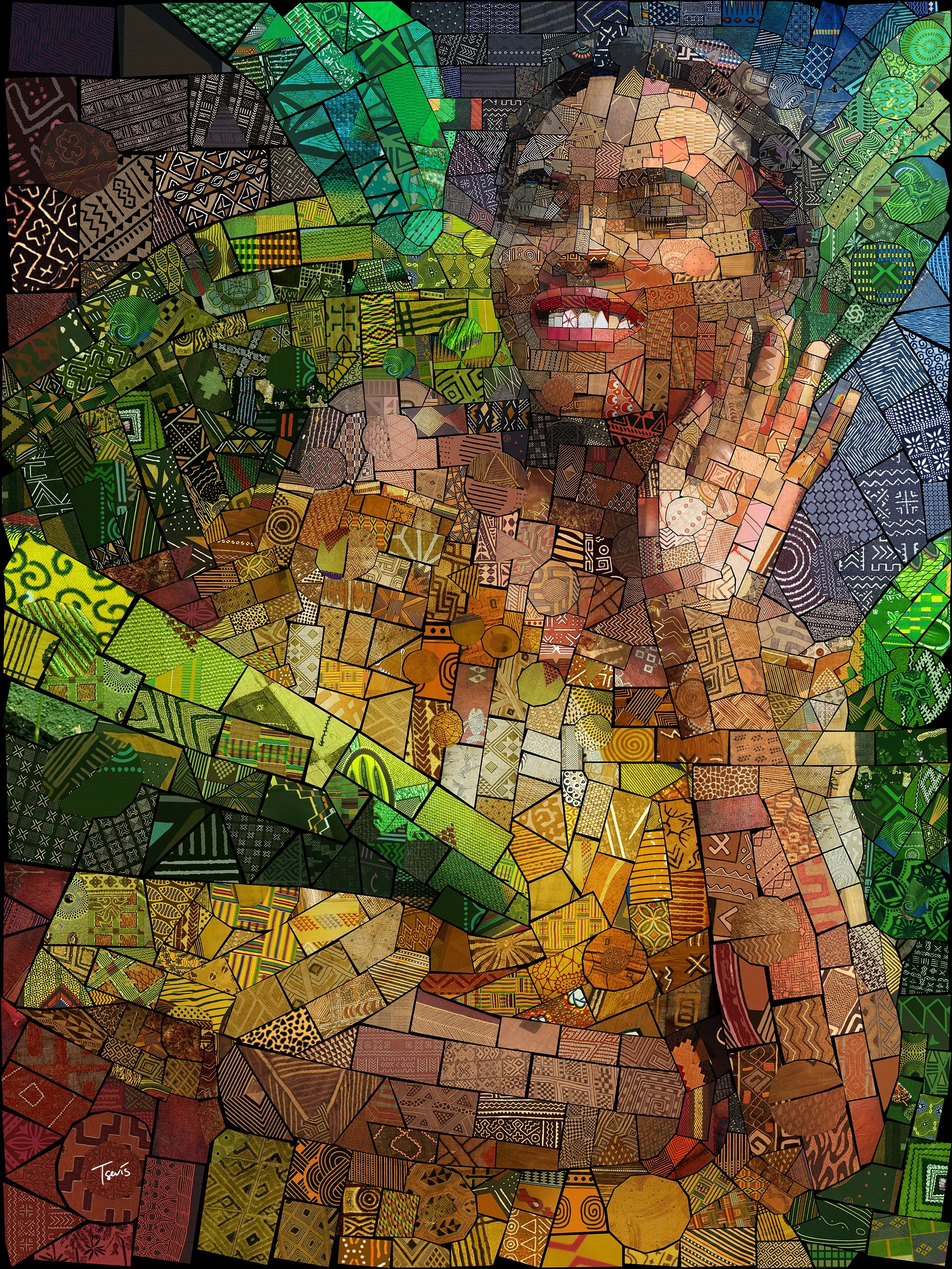 Joyful Mosaic Portrait in Green and Gold | Afrocentric Wall Art for Inspired Spaces