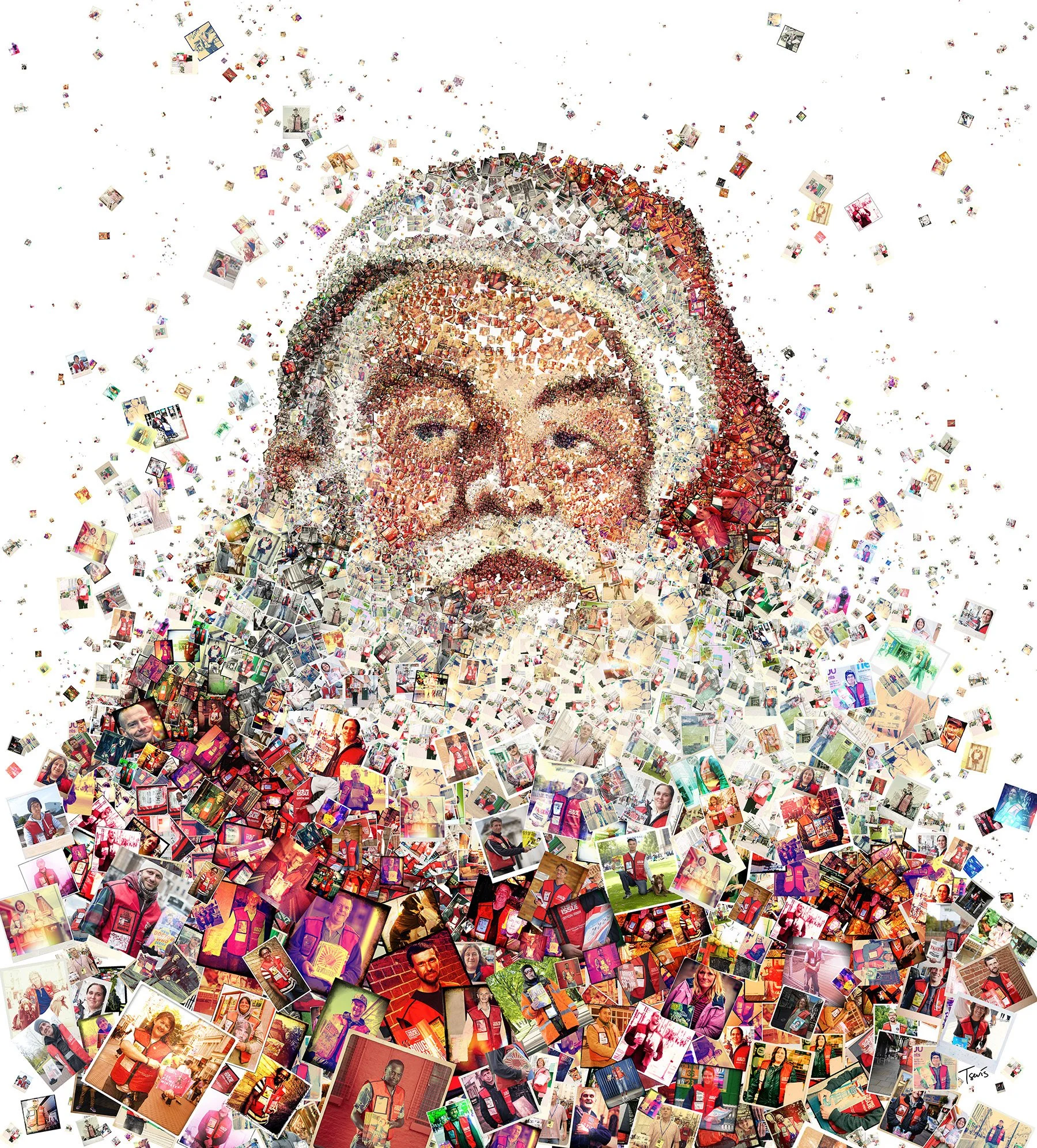 Big Santa mosaic – homeless vendors' faces forming Father Christmas. Big Issue UK holiday cover.