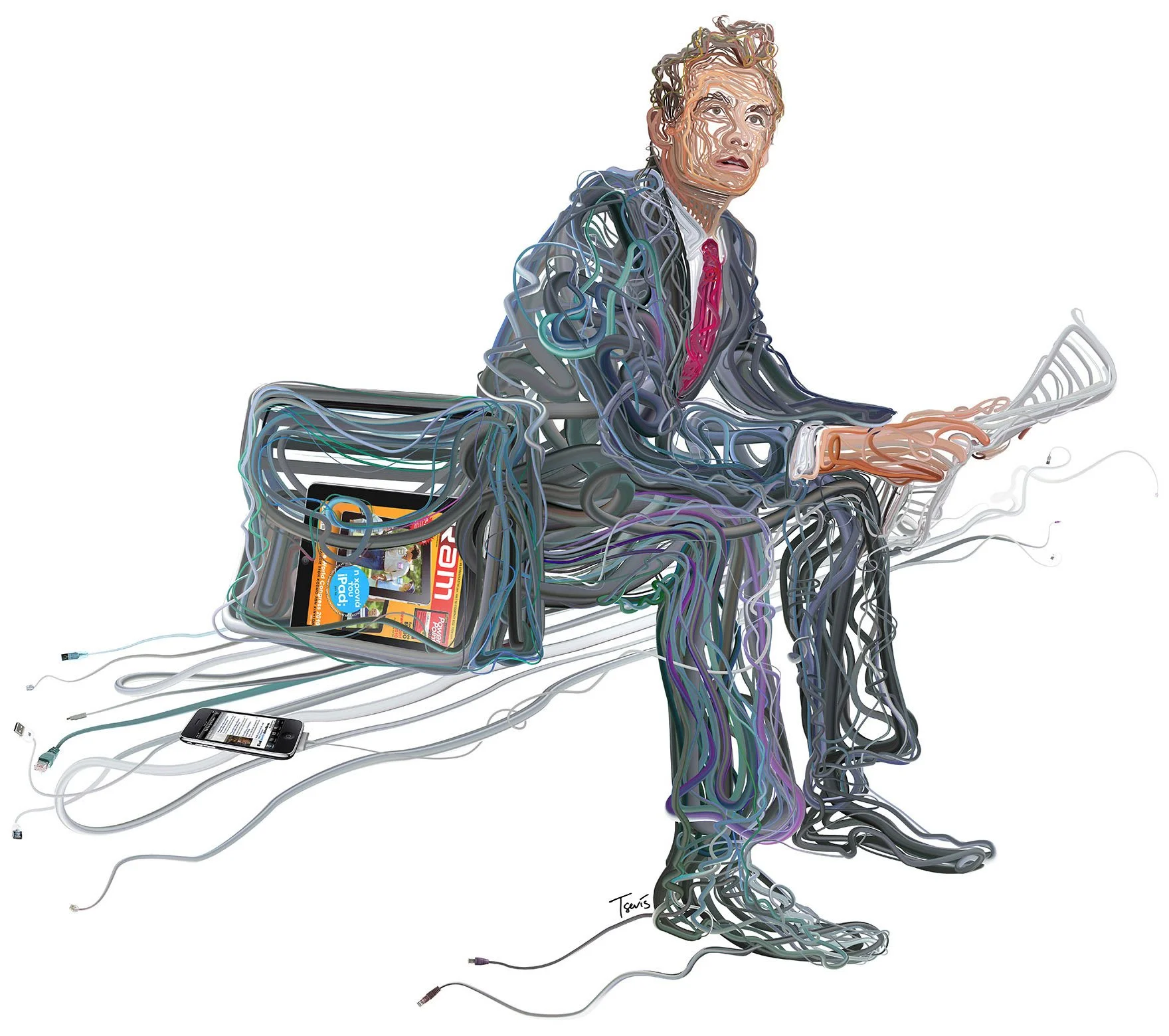 Business man reading a newspaper. Inside his briefcase the iPad version of RAM magazine.